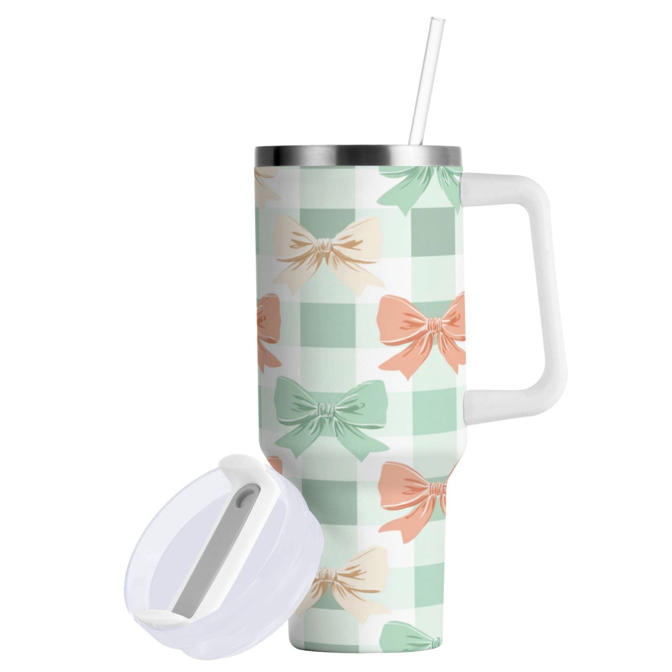 40 oz Insulated Stainless Steel Tumbler Double Wall Stainless Steel Tumbler with 2-Way Drinking Green and Peach Bow Pattern - 194H