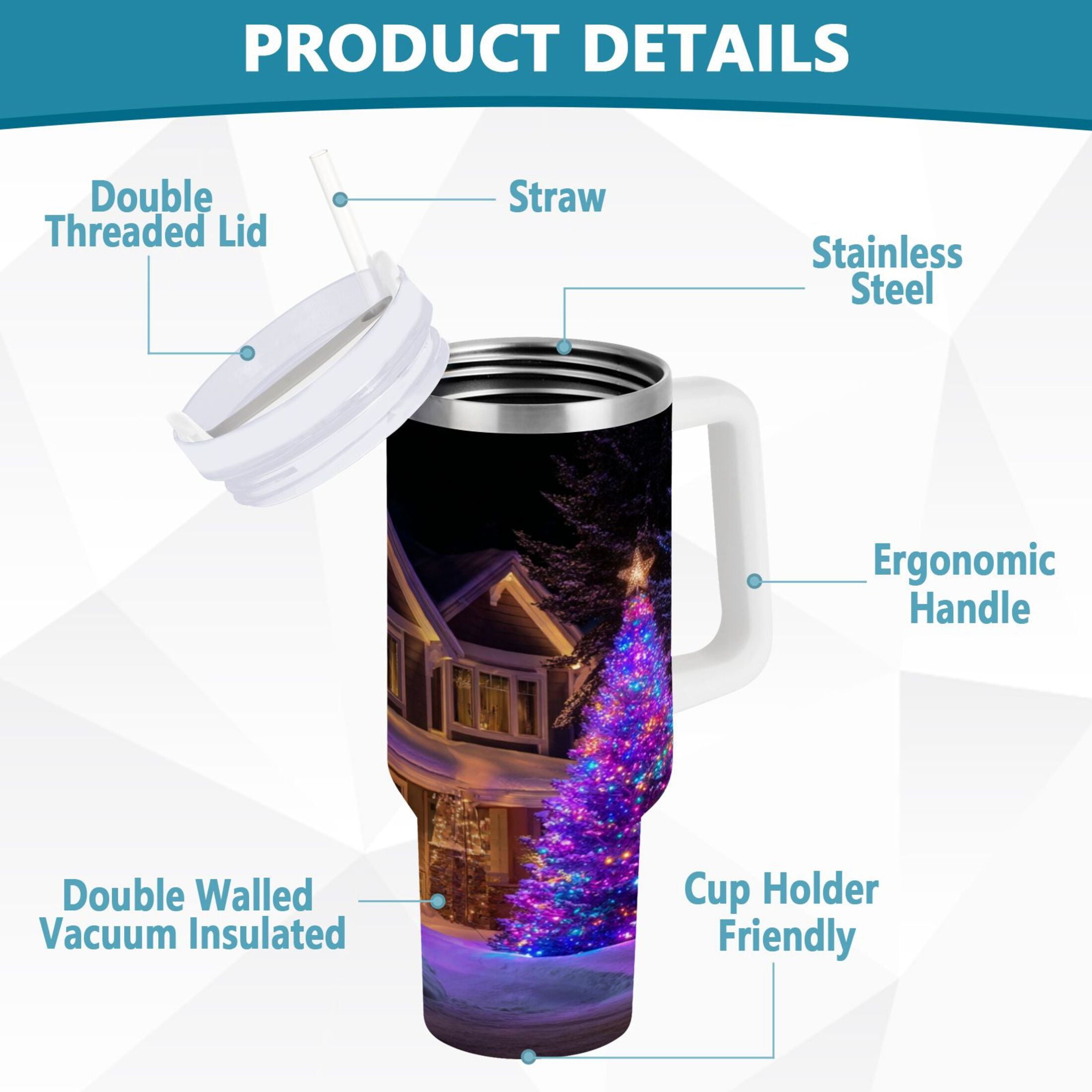 40 oz Insulated Stainless Steel Tumbler Double Wall Stainless Steel Tumbler with 2-Way Drinking Christmas Trees with Lights - EWR7