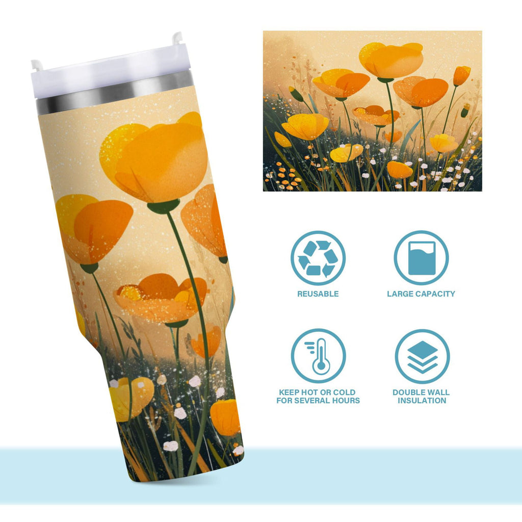 30 oz Insulated Stainless Steel Tumbler Double Wall Stainless Steel Tumbler with 2-Way Drinking Yellow Flowers on The Grass - XIHC