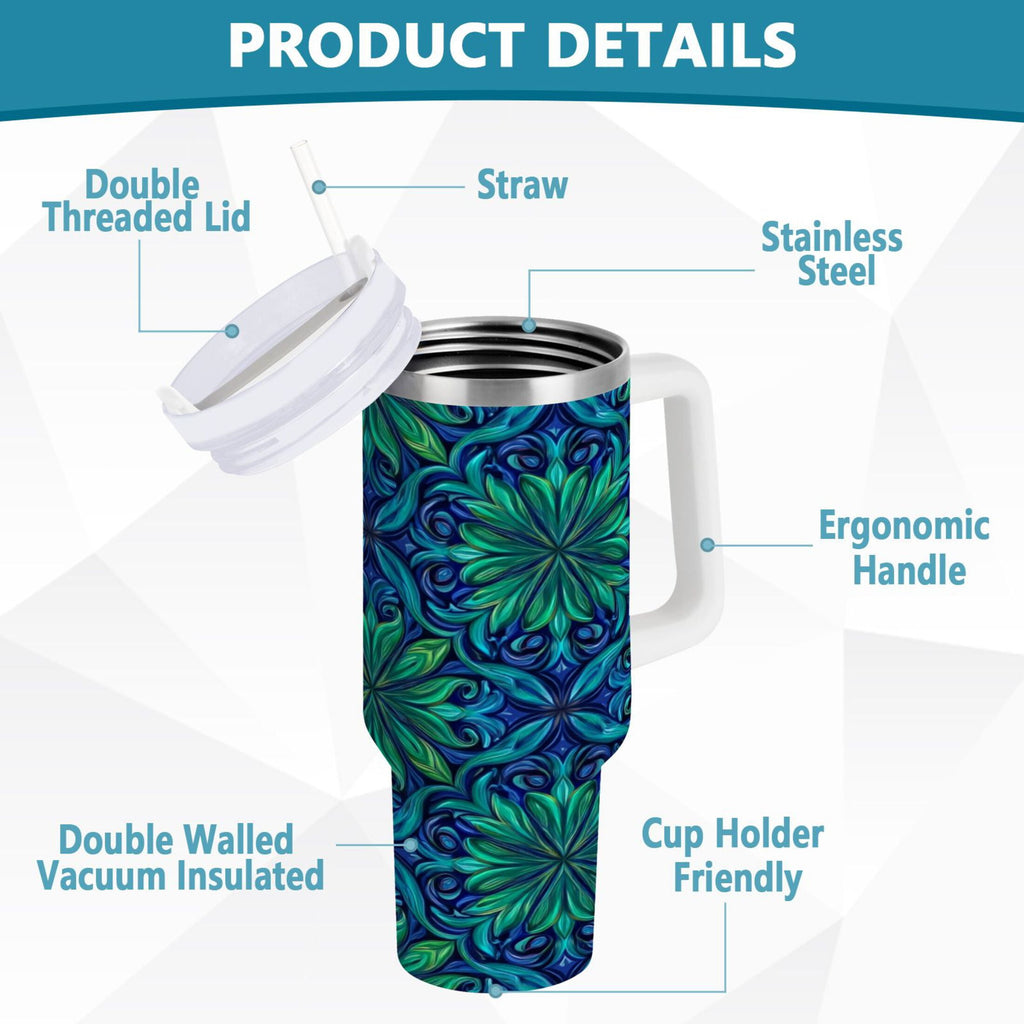 40 oz Insulated Stainless Steel Tumbler Double Wall Stainless Steel Tumbler with 2-Way Drinking Elegant Blue Traditional Patterns - W90O
