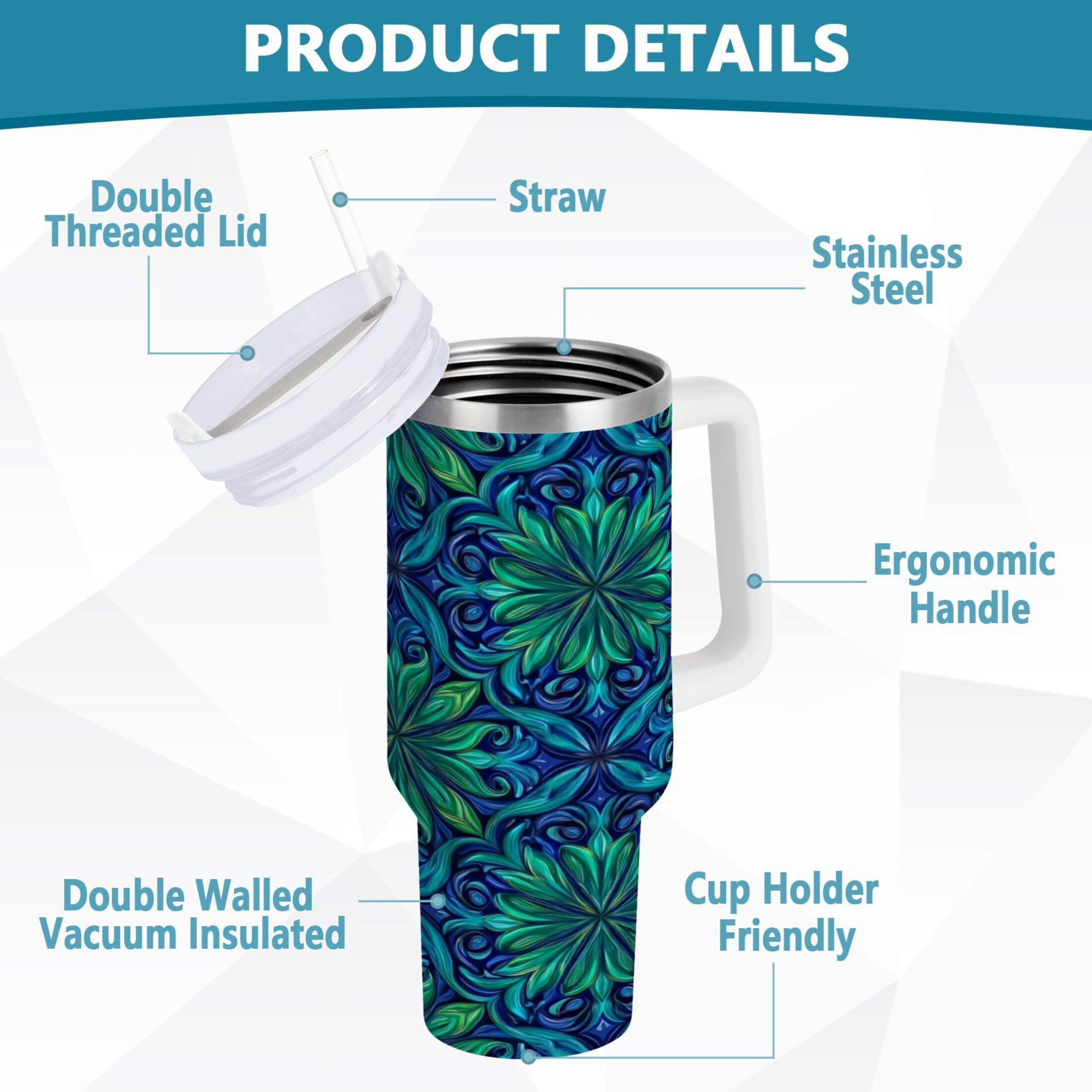 40 oz Insulated Stainless Steel Tumbler Double Wall Stainless Steel Tumbler with 2-Way Drinking Elegant Blue Traditional Patterns - W90O