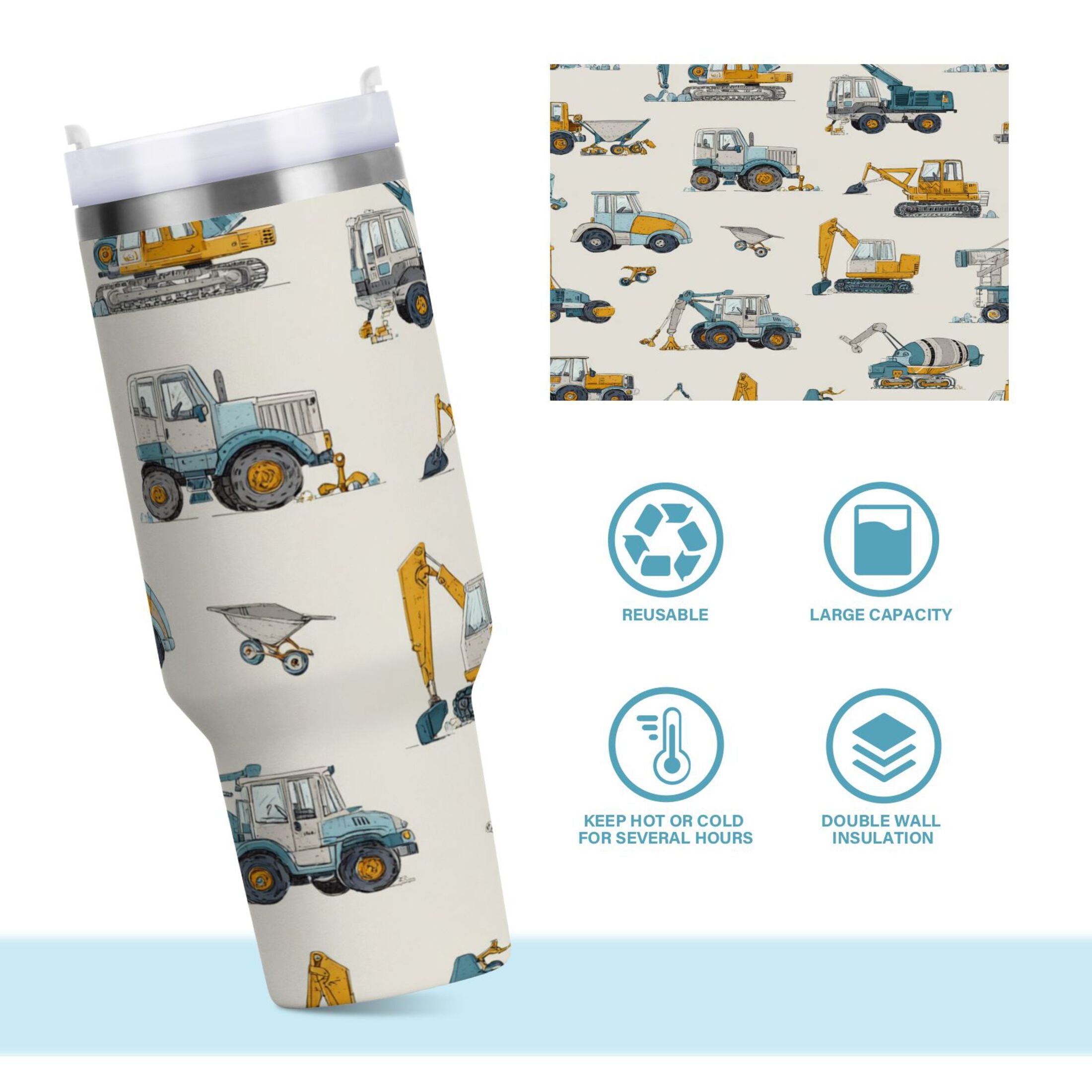 30 oz Insulated Stainless Steel Tumbler Double Wall Stainless Steel Tumbler with 2-Way Drinking Engineering Vehicle Pattern - 0OK9