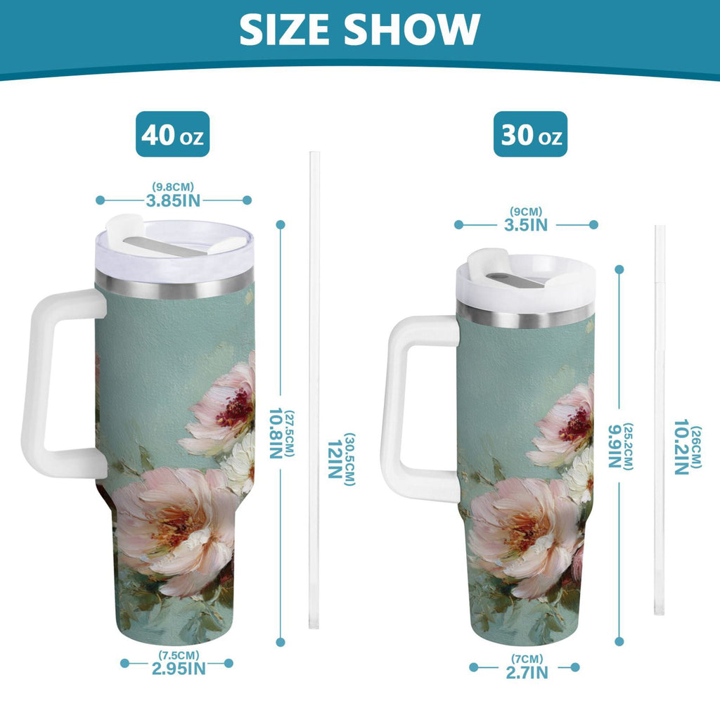 40 oz Insulated Stainless Steel Tumbler Double Wall Stainless Steel Tumbler with 2-Way Drinking Vintage Peonies and Daisies - MKXM