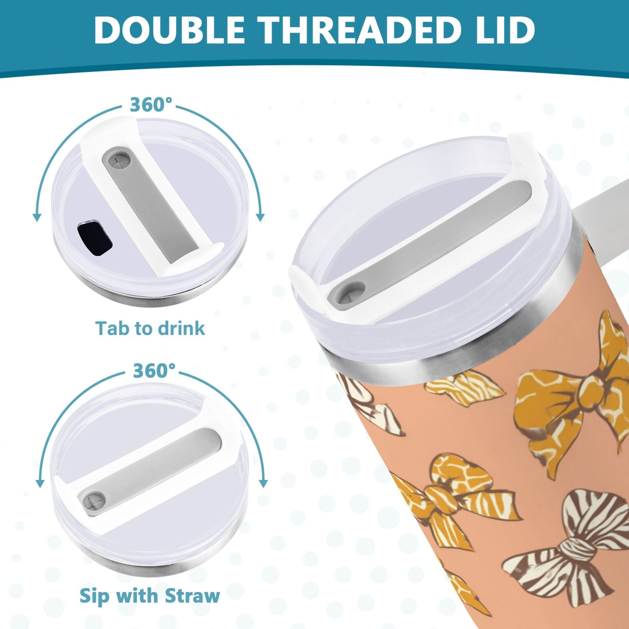40 oz Insulated Stainless Steel Tumbler Double Wall Stainless Steel Tumbler with 2-Way Drinking Cute Animal Print Bows - FW5V
