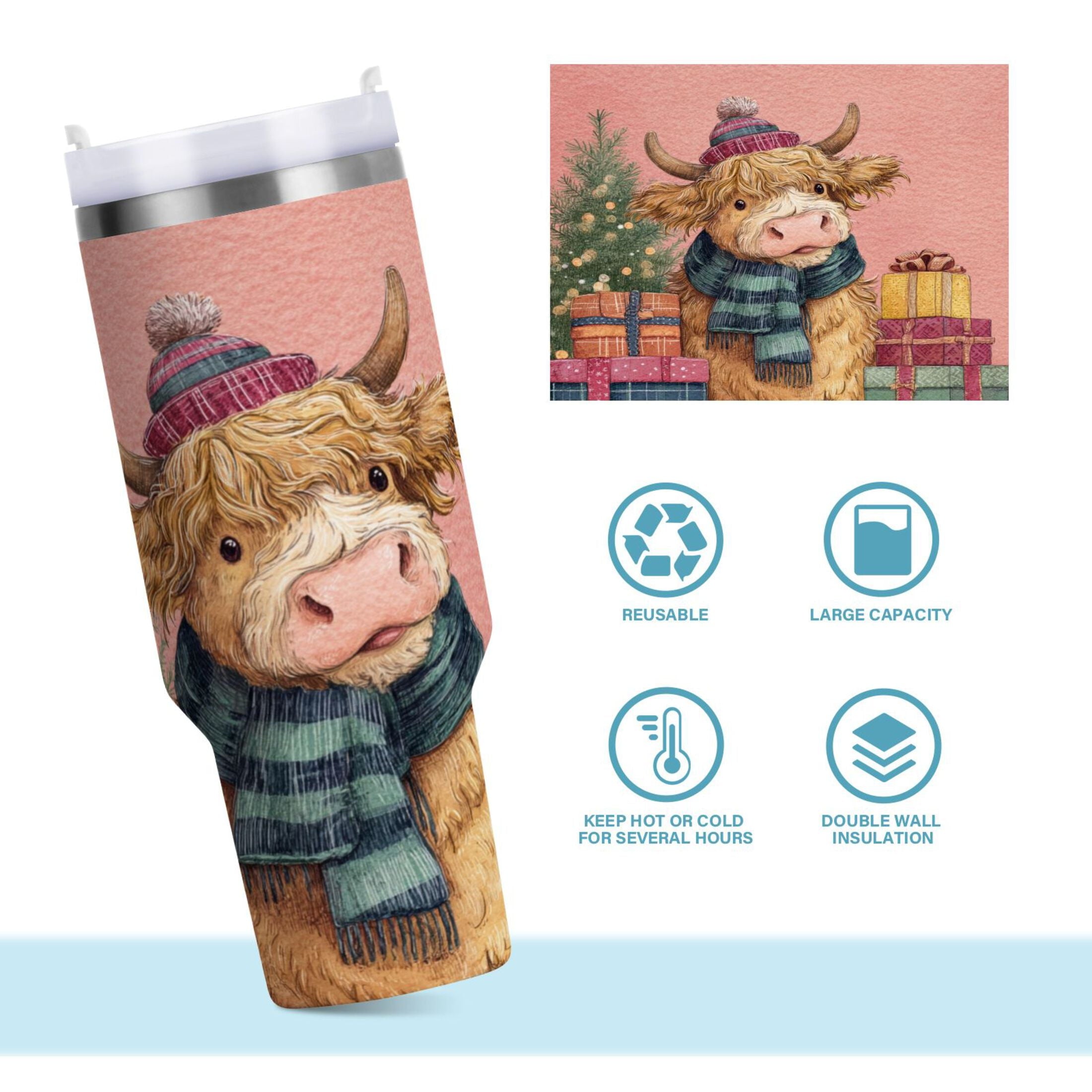 30 oz Insulated Stainless Steel Tumbler Double Wall Stainless Steel Tumbler with 2-Way Drinking Cow Wearing Scarf and Hat - 33SF