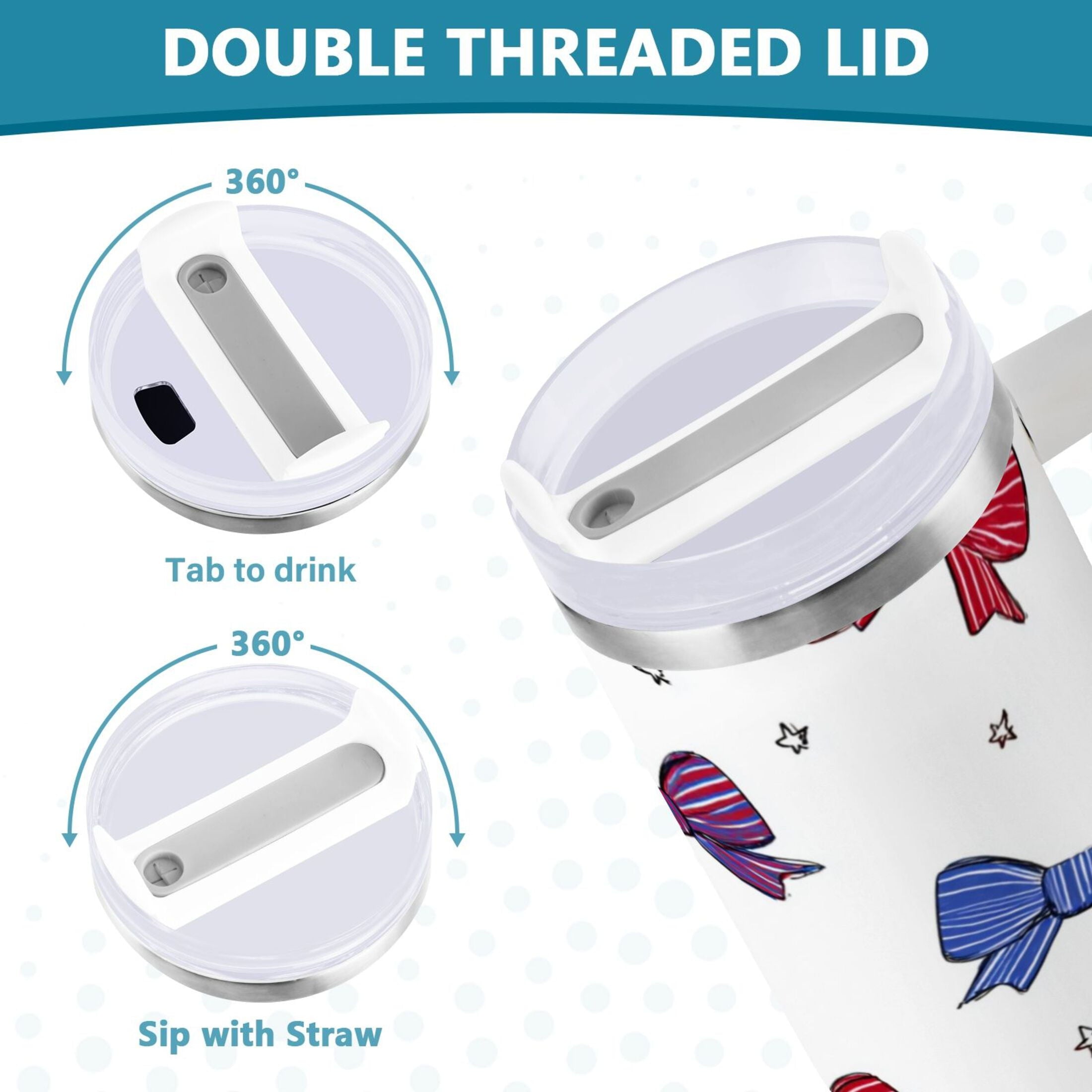 30 oz Insulated Stainless Steel Tumbler Double Wall Stainless Steel Tumbler with 2-Way Drinking Red and Blue Stripe Bows - C6TL