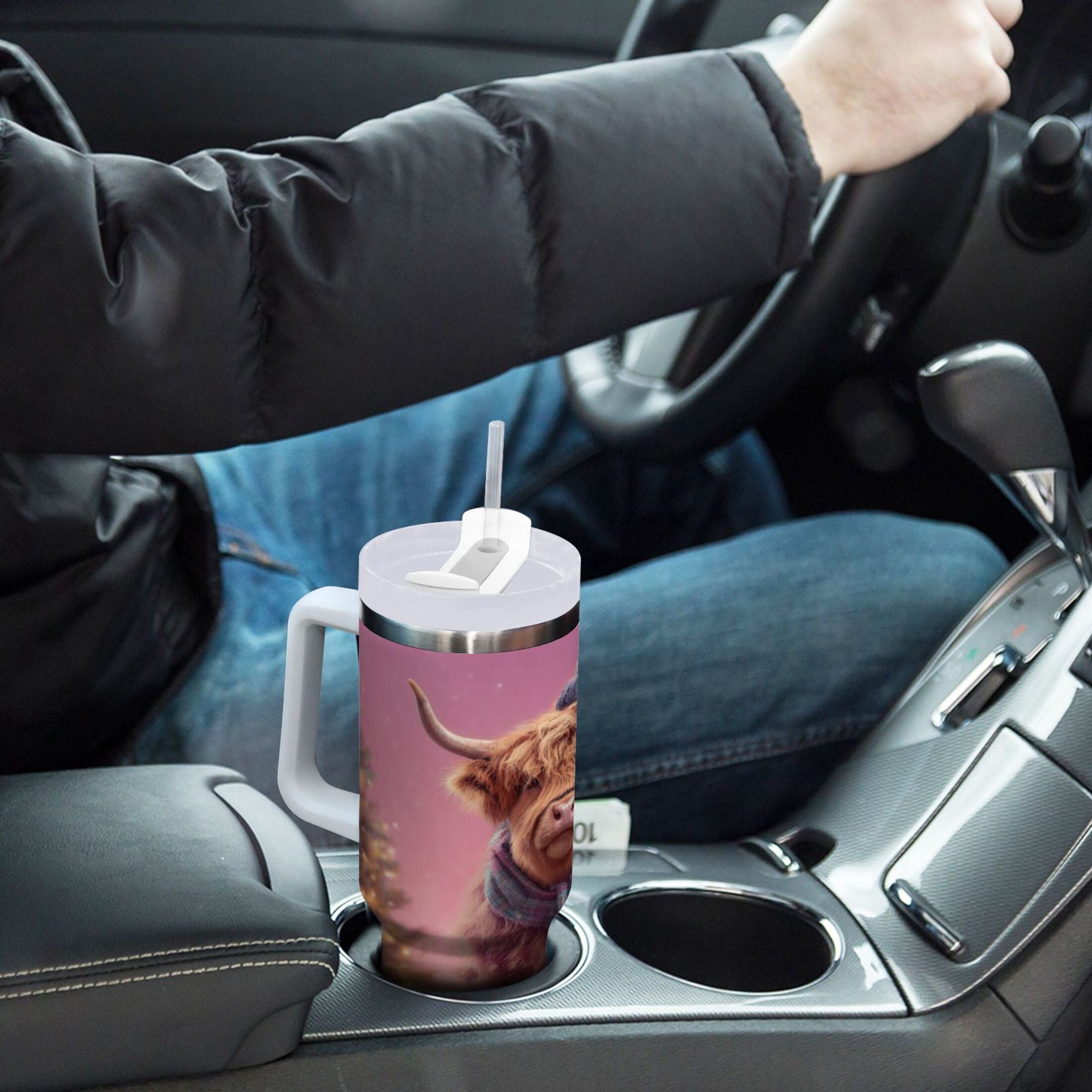 30 oz Insulated Stainless Steel Tumbler Double Wall Stainless Steel Tumbler with 2-Way Drinking Cow Wearing Christmas - UM75