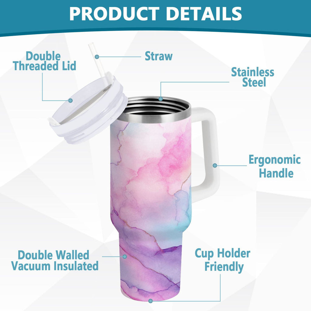 30 oz Insulated Stainless Steel Tumbler Double Wall Stainless Steel Tumbler with 2-Way Drinking Pastel Pink Marble Texture - IXQ0