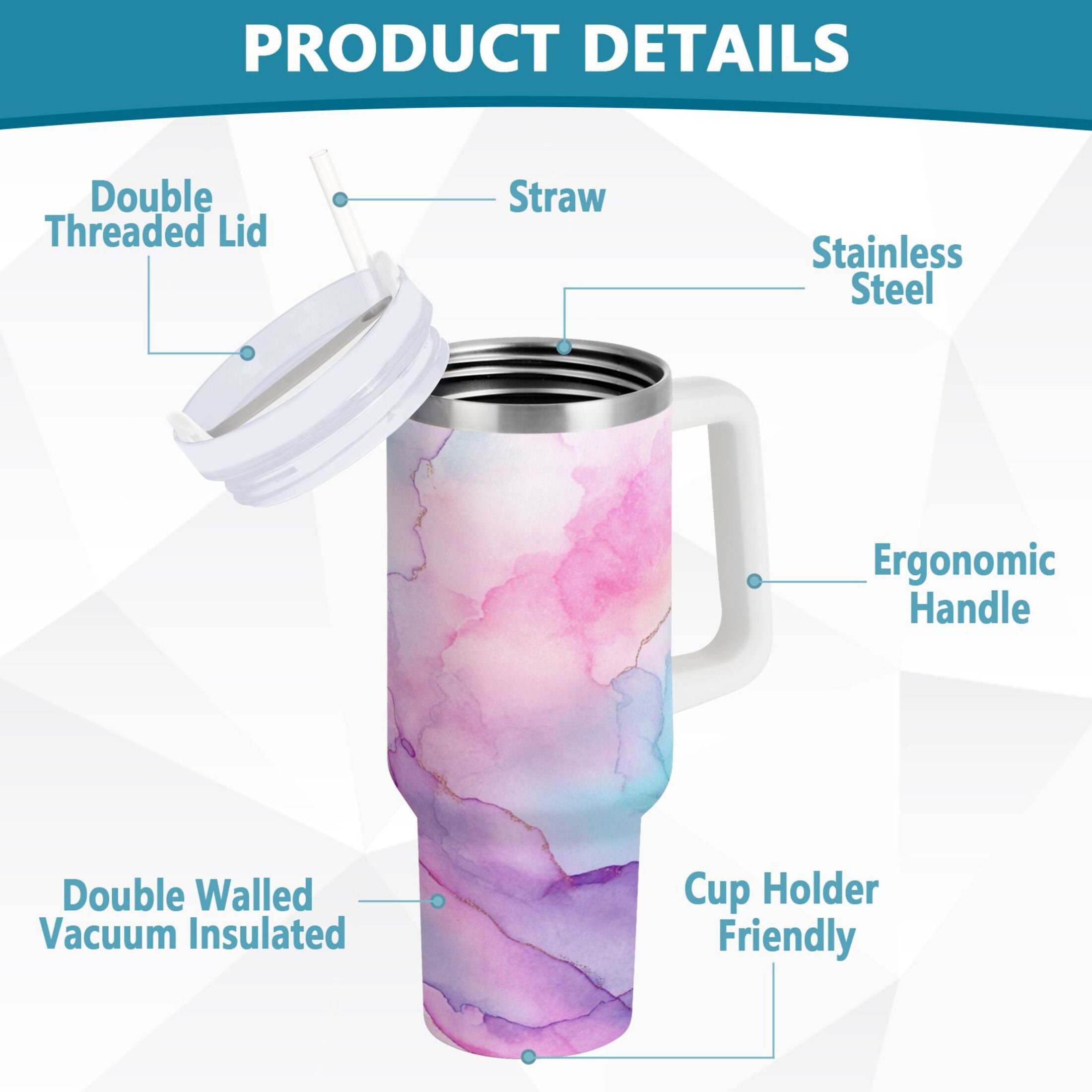 30 oz Insulated Stainless Steel Tumbler Double Wall Stainless Steel Tumbler with 2-Way Drinking Pastel Pink Marble Texture - IXQ0