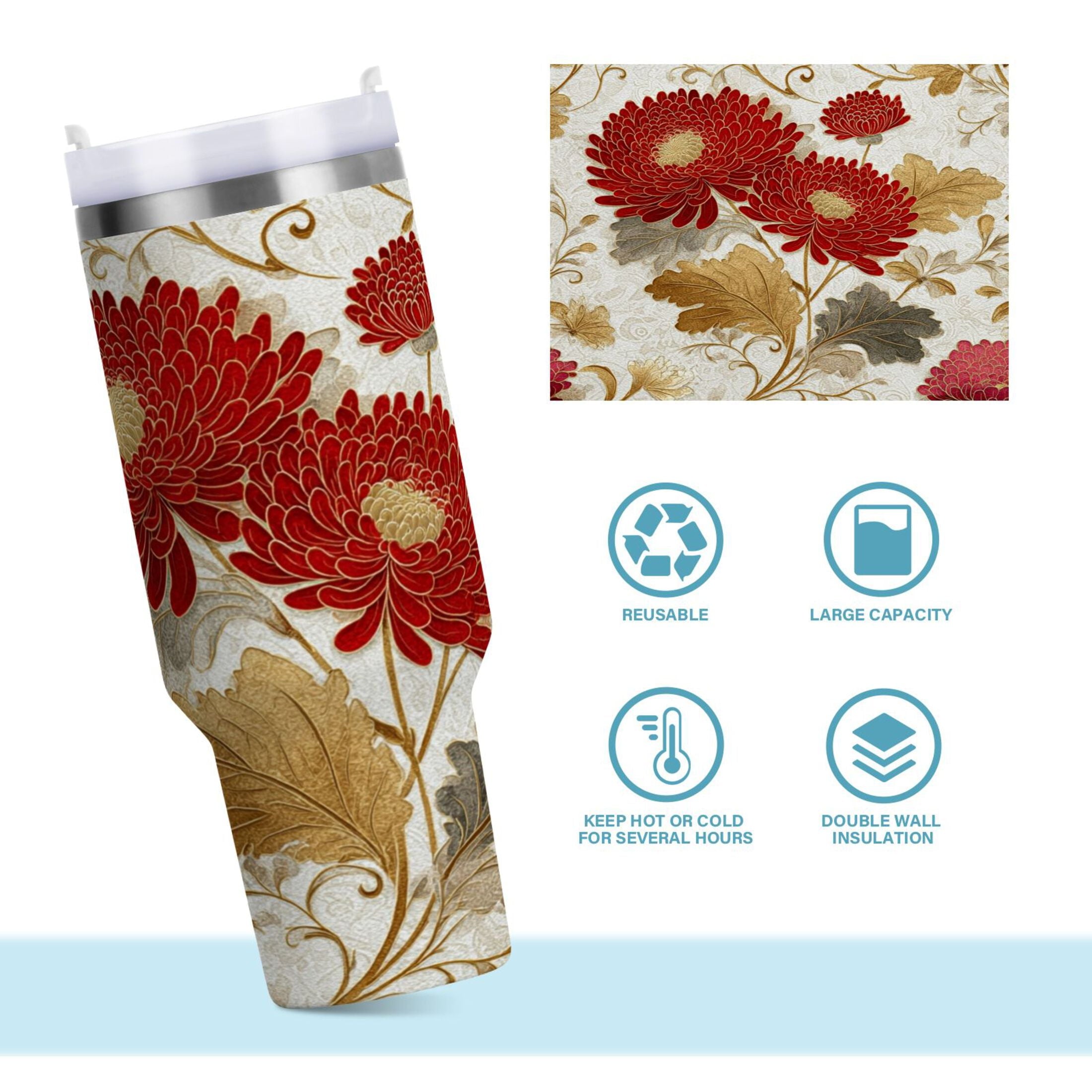 30 oz Insulated Stainless Steel Tumbler Double Wall Stainless Steel Tumbler with 2-Way Drinking Red Chrysanthemum Pattern - PTOO
