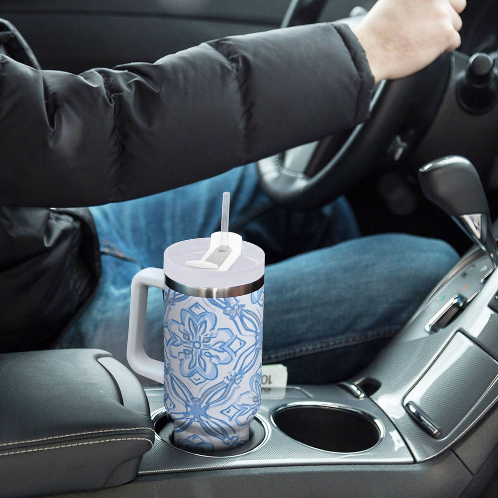 30 oz Insulated Stainless Steel Tumbler Double Wall Stainless Steel Tumbler with 2-Way Drinking Blue Elegant Geometric Design - NFJB