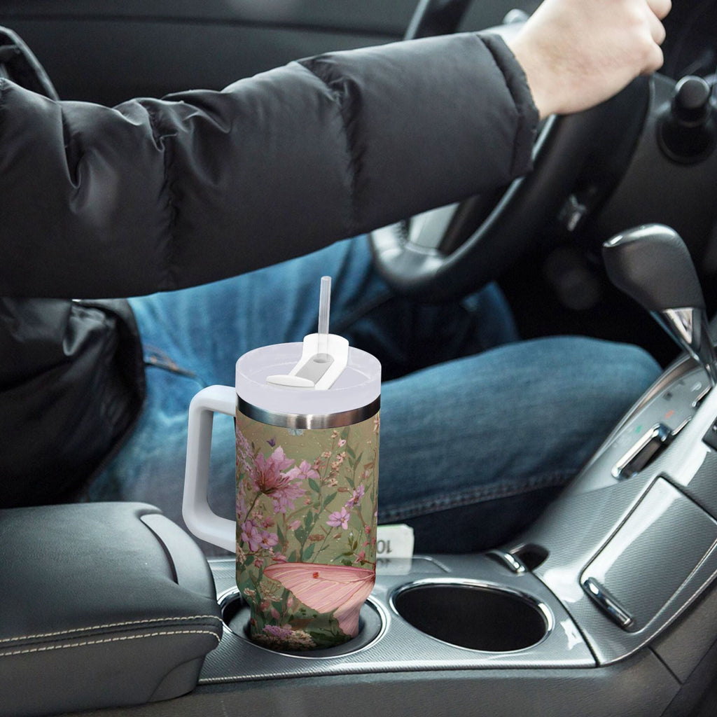 30 oz Insulated Stainless Steel Tumbler Double Wall Stainless Steel Tumbler with 2-Way Drinking Delicate Butterfly - TKQE