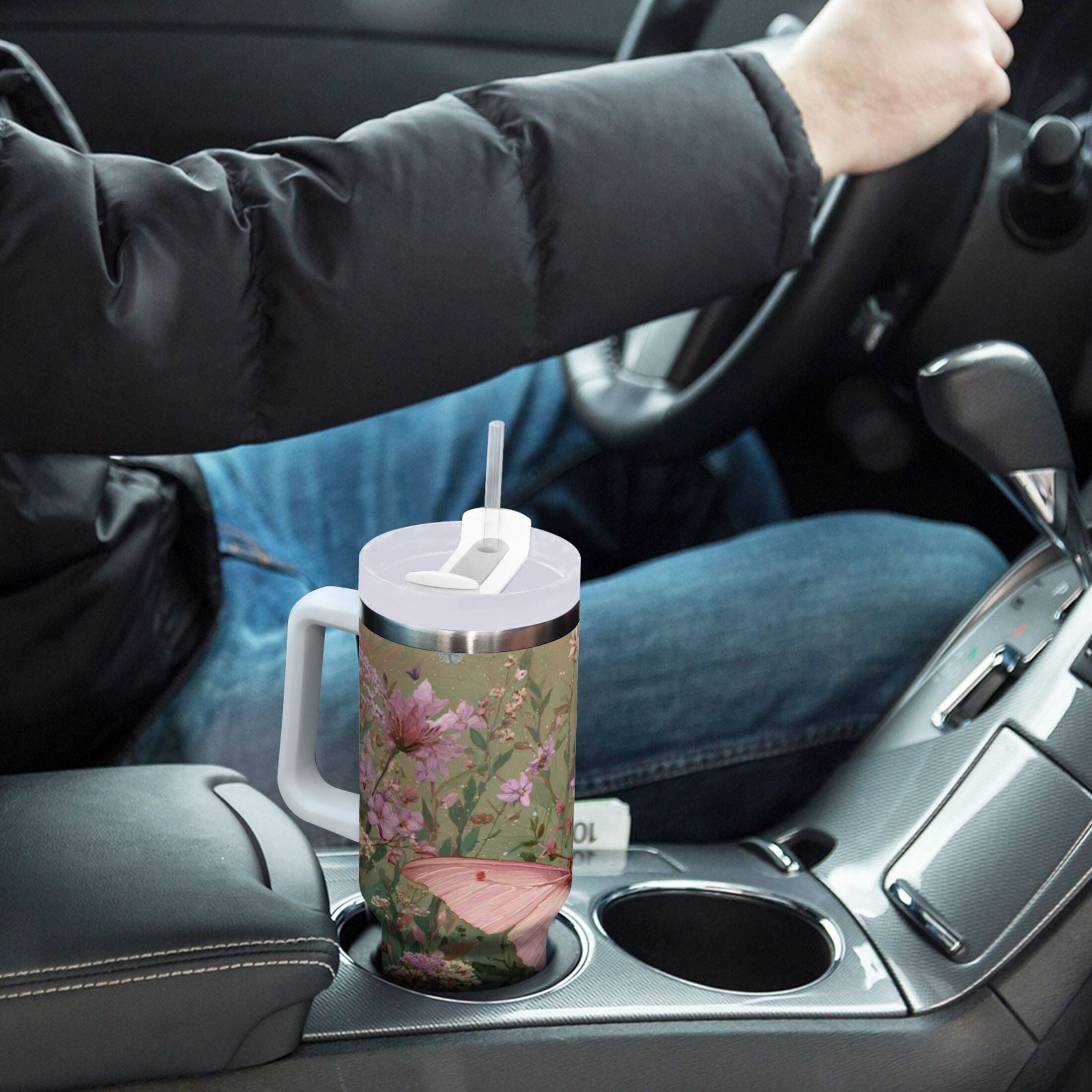 30 oz Insulated Stainless Steel Tumbler Double Wall Stainless Steel Tumbler with 2-Way Drinking Delicate Butterfly - TKQE