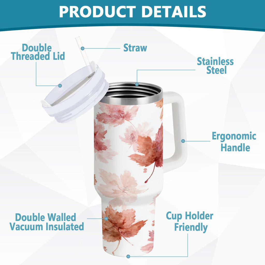 30 oz Insulated Stainless Steel Tumbler Double Wall Stainless Steel Tumbler with 2-Way Drinking Watercolor Pink Maple Leaves - YETU