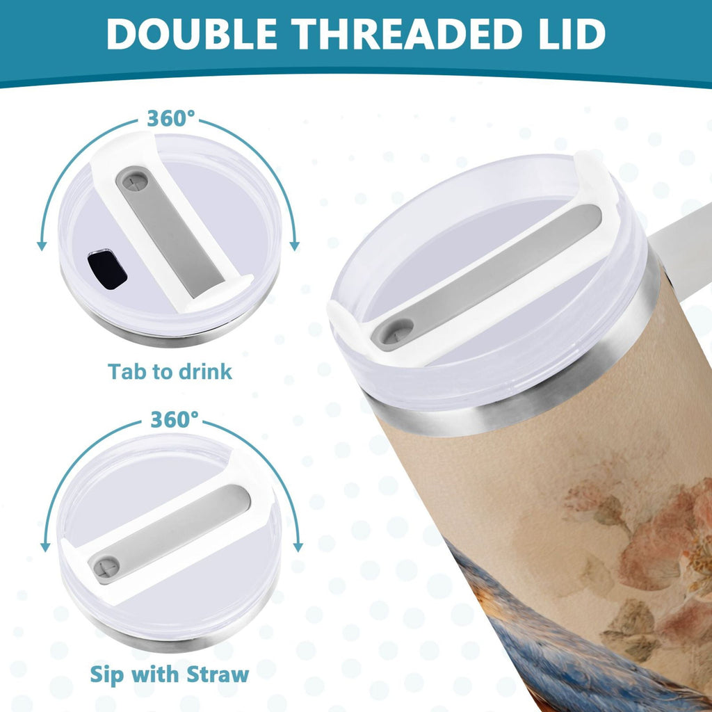40 oz Insulated Stainless Steel Tumbler Double Wall Stainless Steel Tumbler with 2-Way Drinking Bluebird and Ancient Flowers - LIU7