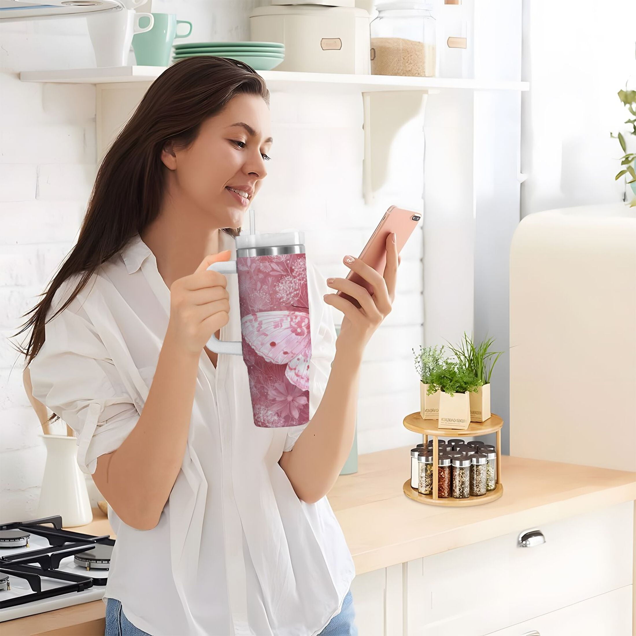 30 oz Insulated Stainless Steel Tumbler Double Wall Stainless Steel Tumbler with 2-Way Drinking Soft Pink Butterfly - 14Y1