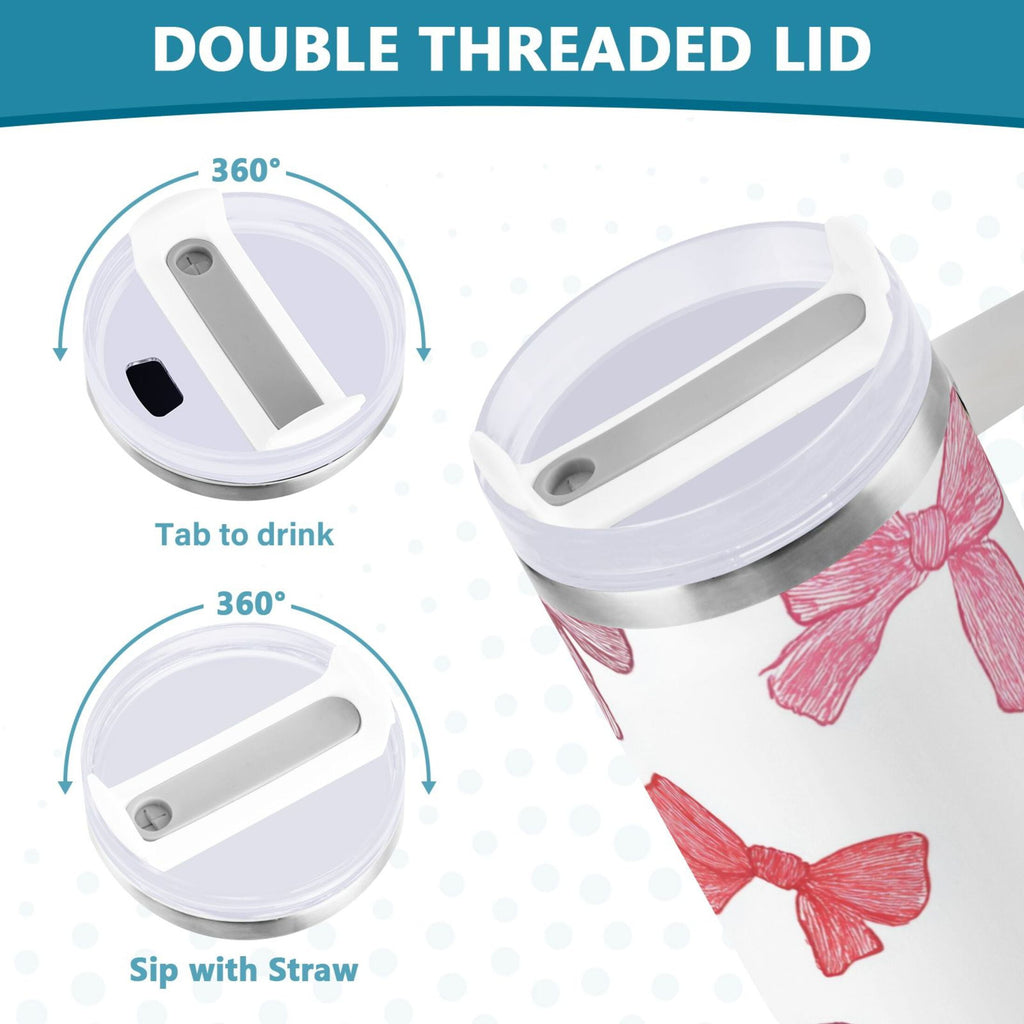 40 oz Insulated Stainless Steel Tumbler Double Wall Stainless Steel Tumbler with 2-Way Drinking Pink Bows Pattern - BKLS