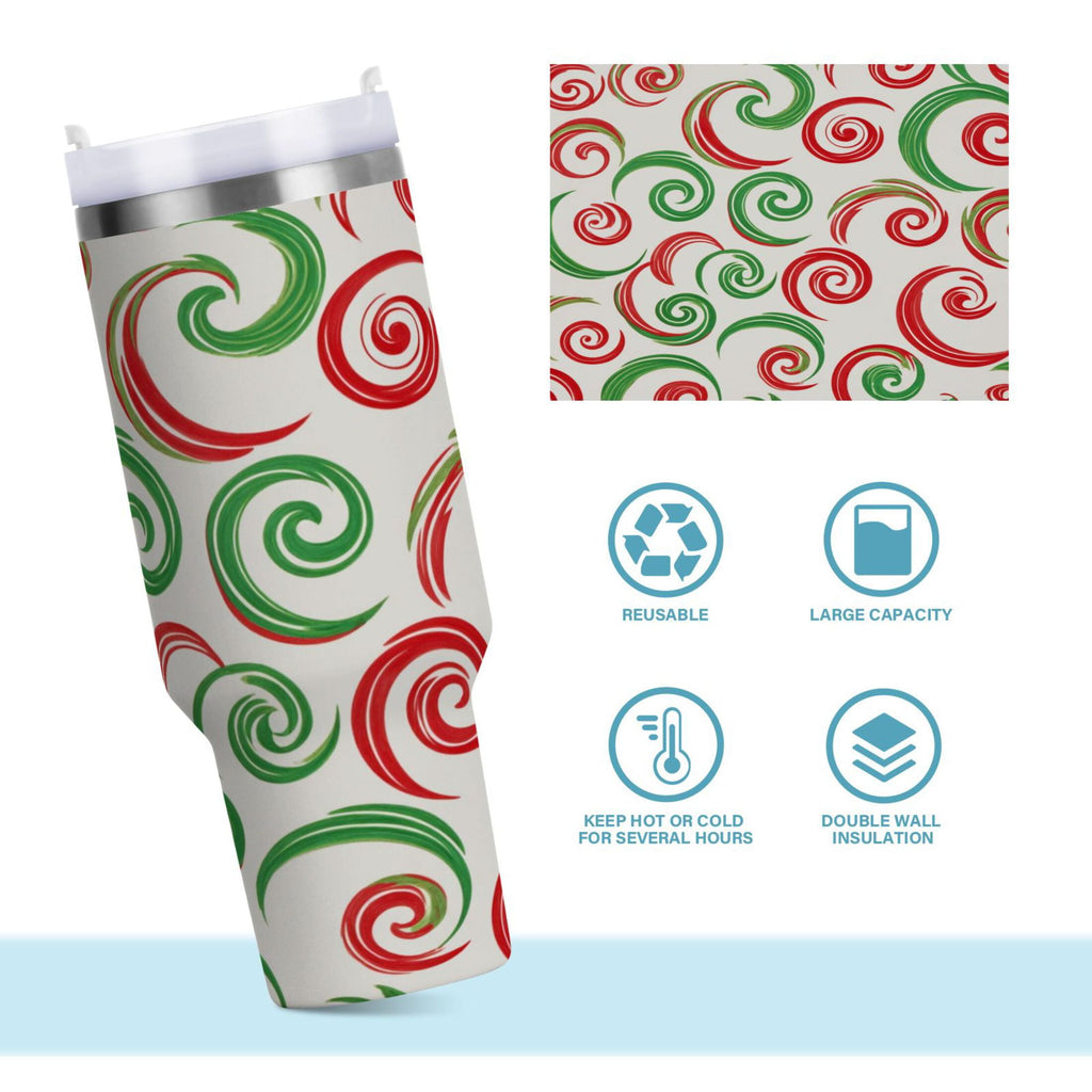 40 oz Insulated Stainless Steel Tumbler Double Wall Stainless Steel Tumbler with 2-Way Drinking Red and Green Swirls - 8DTQ
