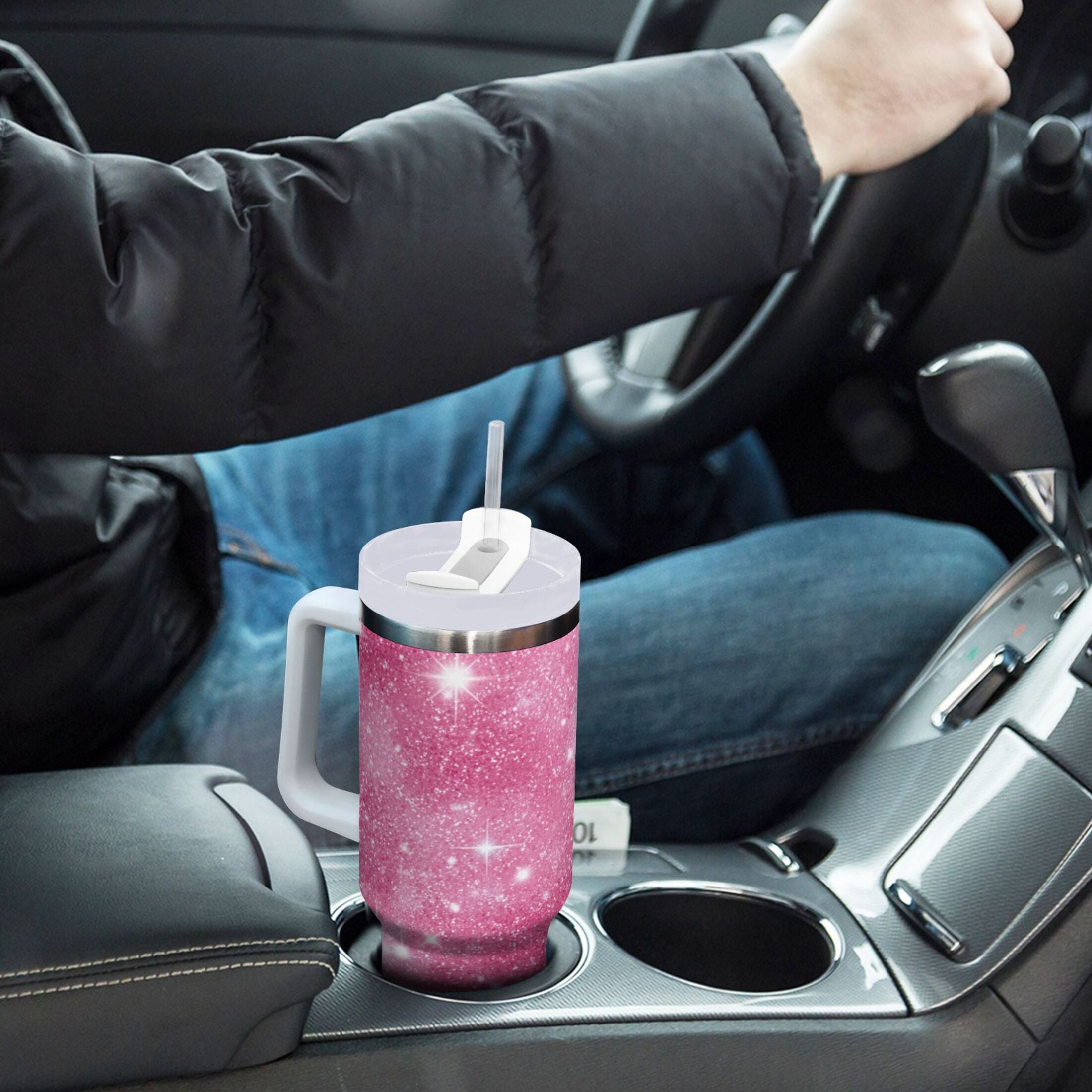 40 oz Insulated Stainless Steel Tumbler Double Wall Stainless Steel Tumbler with 2-Way Drinking Pink Glitter Background - XXJ6