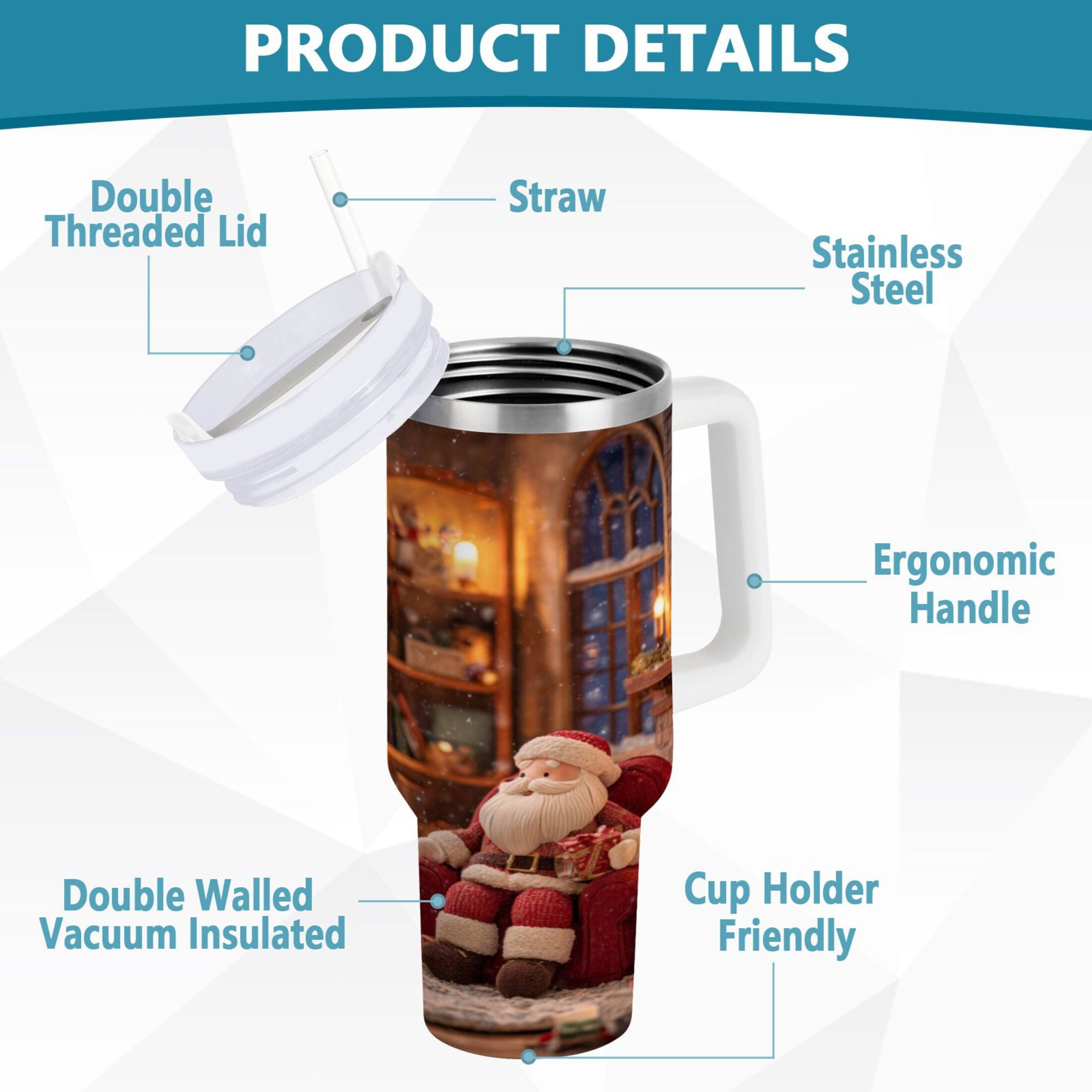 40 oz Insulated Stainless Steel Tumbler Double Wall Stainless Steel Tumbler with 2-Way Drinking Sitting Santa Claus - SRJP
