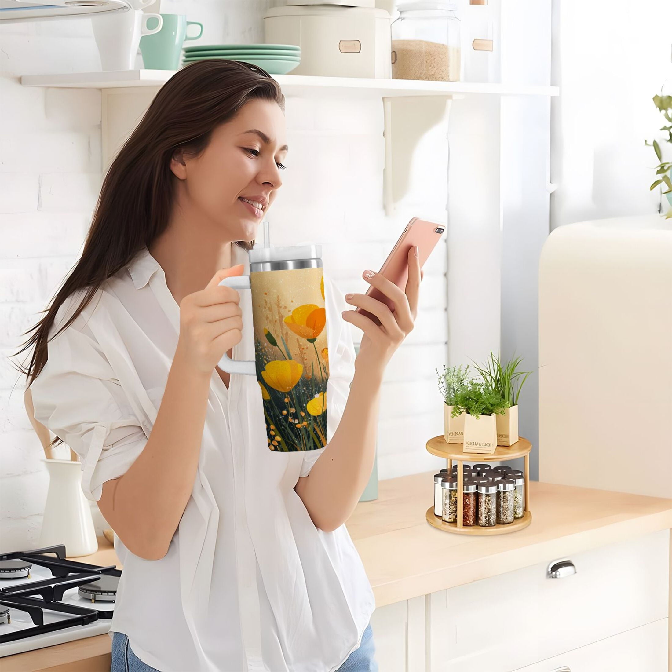 30 oz Insulated Stainless Steel Tumbler Double Wall Stainless Steel Tumbler with 2-Way Drinking Yellow Flowers on The Grass - XIHC