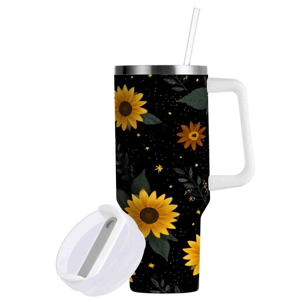 30 oz Insulated Stainless Steel Tumbler Double Wall Stainless Steel Tumbler with 2-Way Drinking Yellow Sunflower Pattern - 65JK