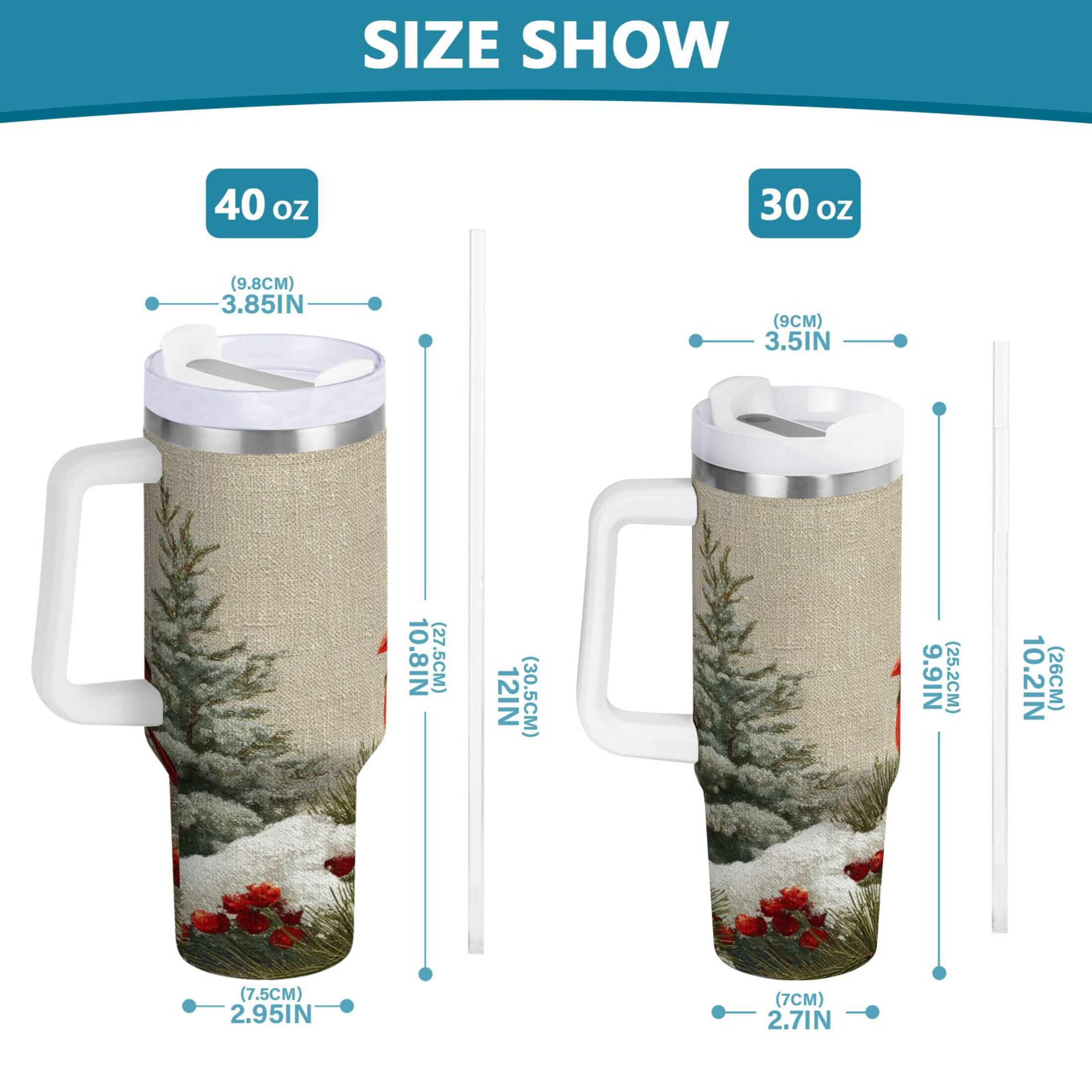30 oz Insulated Stainless Steel Tumbler Double Wall Stainless Steel Tumbler with 2-Way Drinking Bird and Snow-covered Trees - E6B7