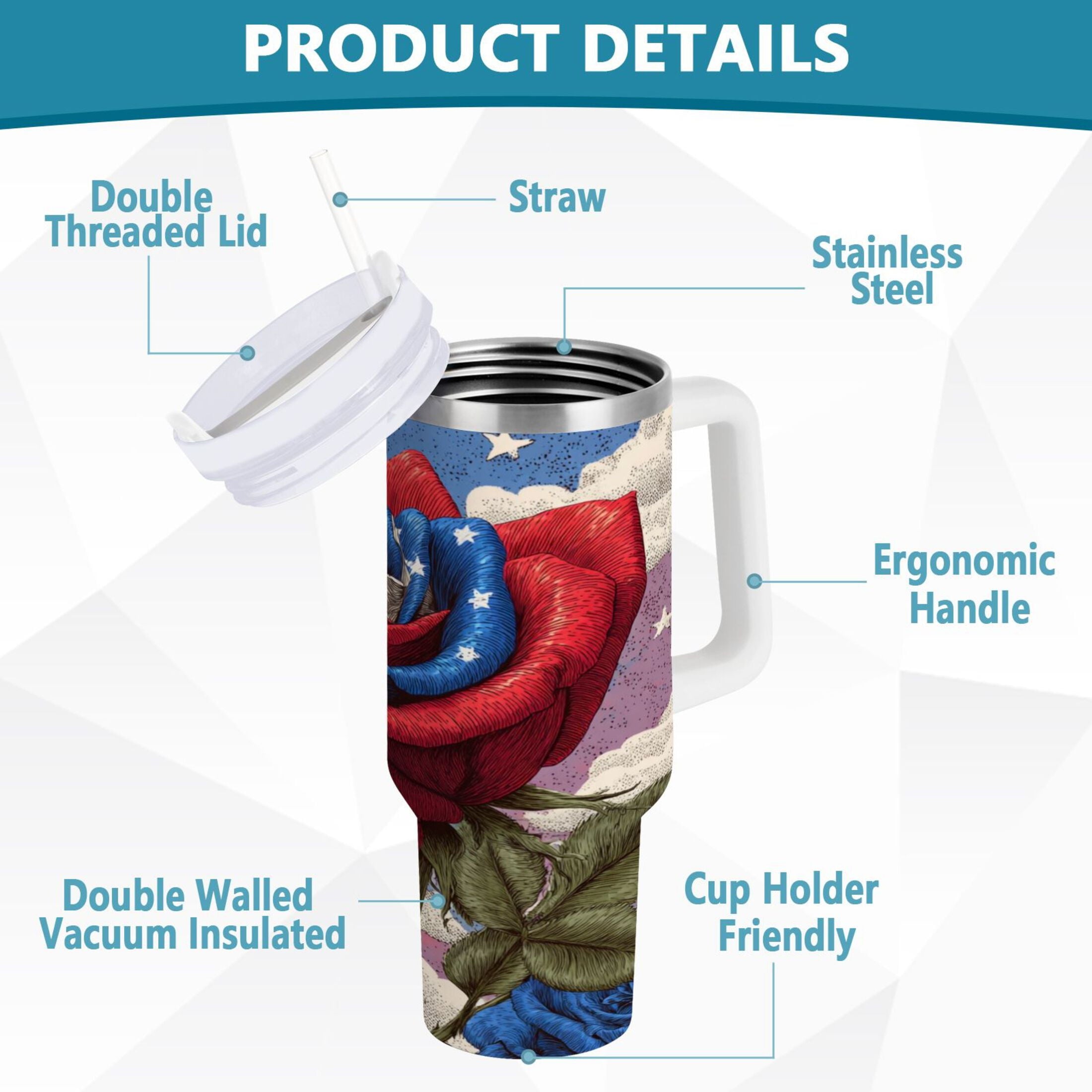 40 oz Insulated Stainless Steel Tumbler Double Wall Stainless Steel Tumbler with 2-Way Drinking Roses and Clouds - CHBA