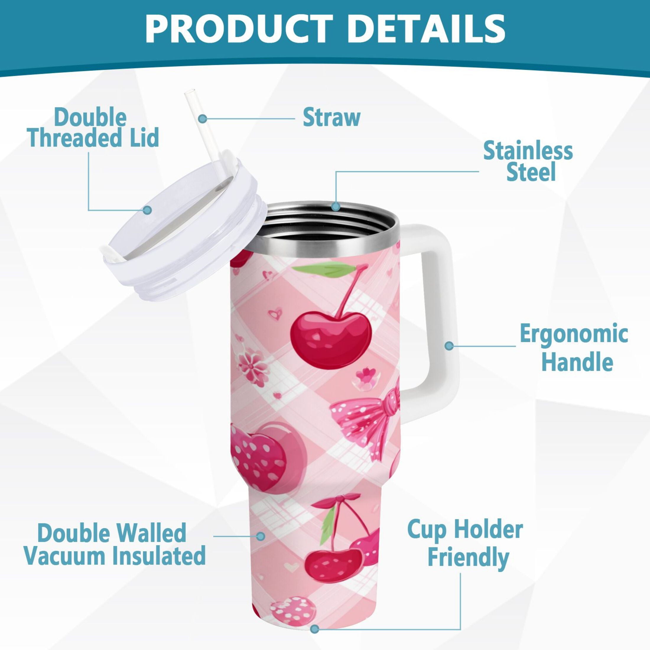 30 oz Insulated Stainless Steel Tumbler Double Wall Stainless Steel Tumbler with 2-Way Drinking Cherry and Pink Bow Pattern - ROVR