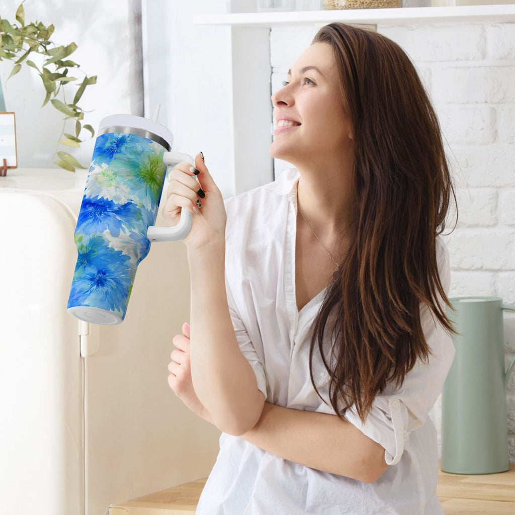 40 oz Insulated Stainless Steel Tumbler Double Wall Stainless Steel Tumbler with 2-Way Drinking Watercolor Blue Cornflowers - ED1I