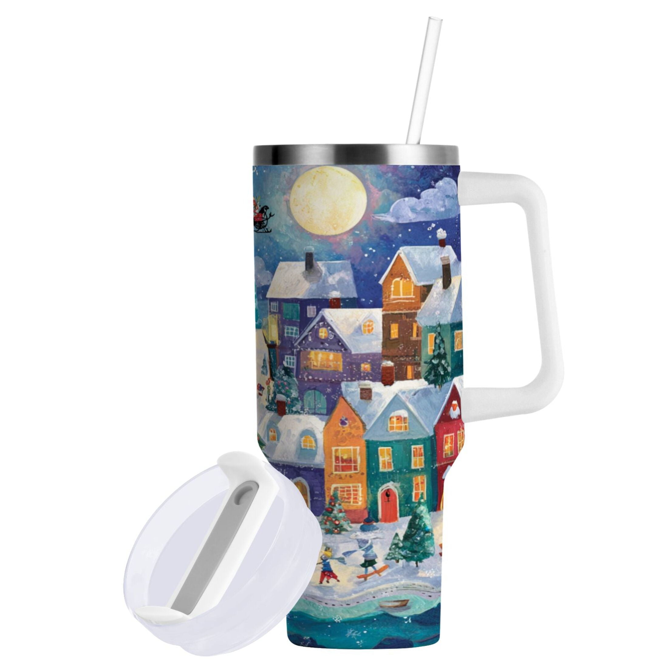 30 oz Insulated Stainless Steel Tumbler Double Wall Stainless Steel Tumbler with 2-Way Drinking Charming Christmas Scene - J7CT
