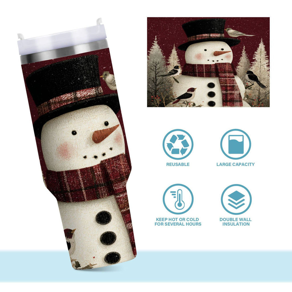 30 oz Insulated Stainless Steel Tumbler Double Wall Stainless Steel Tumbler with 2-Way Drinking Snowman and Birds - OCFG