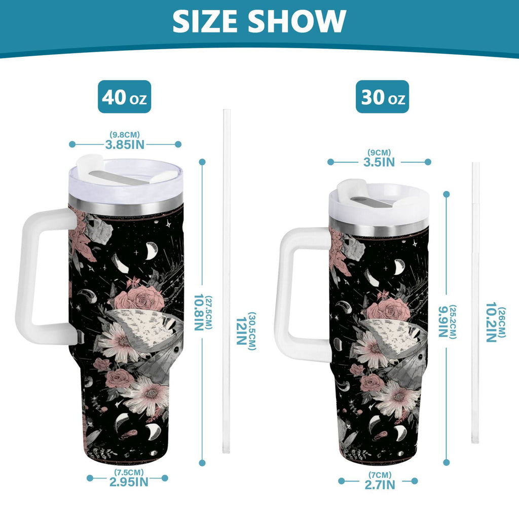 40 oz Insulated Stainless Steel Tumbler Double Wall Stainless Steel Tumbler with 2-Way Drinking Butterfly Surrounded by Flowers - A3EB
