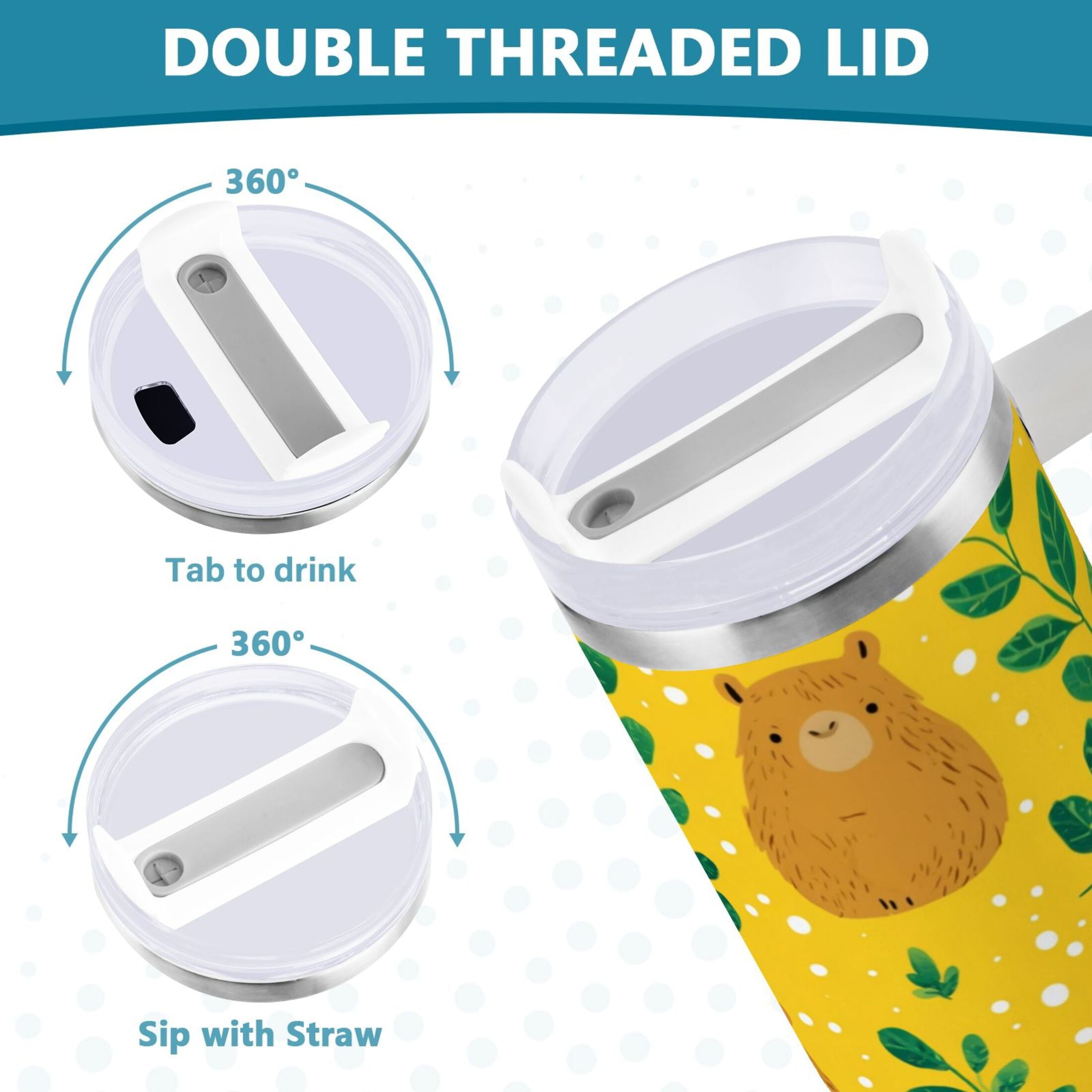 30 oz Insulated Stainless Steel Tumbler Double Wall Stainless Steel Tumbler with 2-Way Drinking Capybara and Green Leaves - VC8M