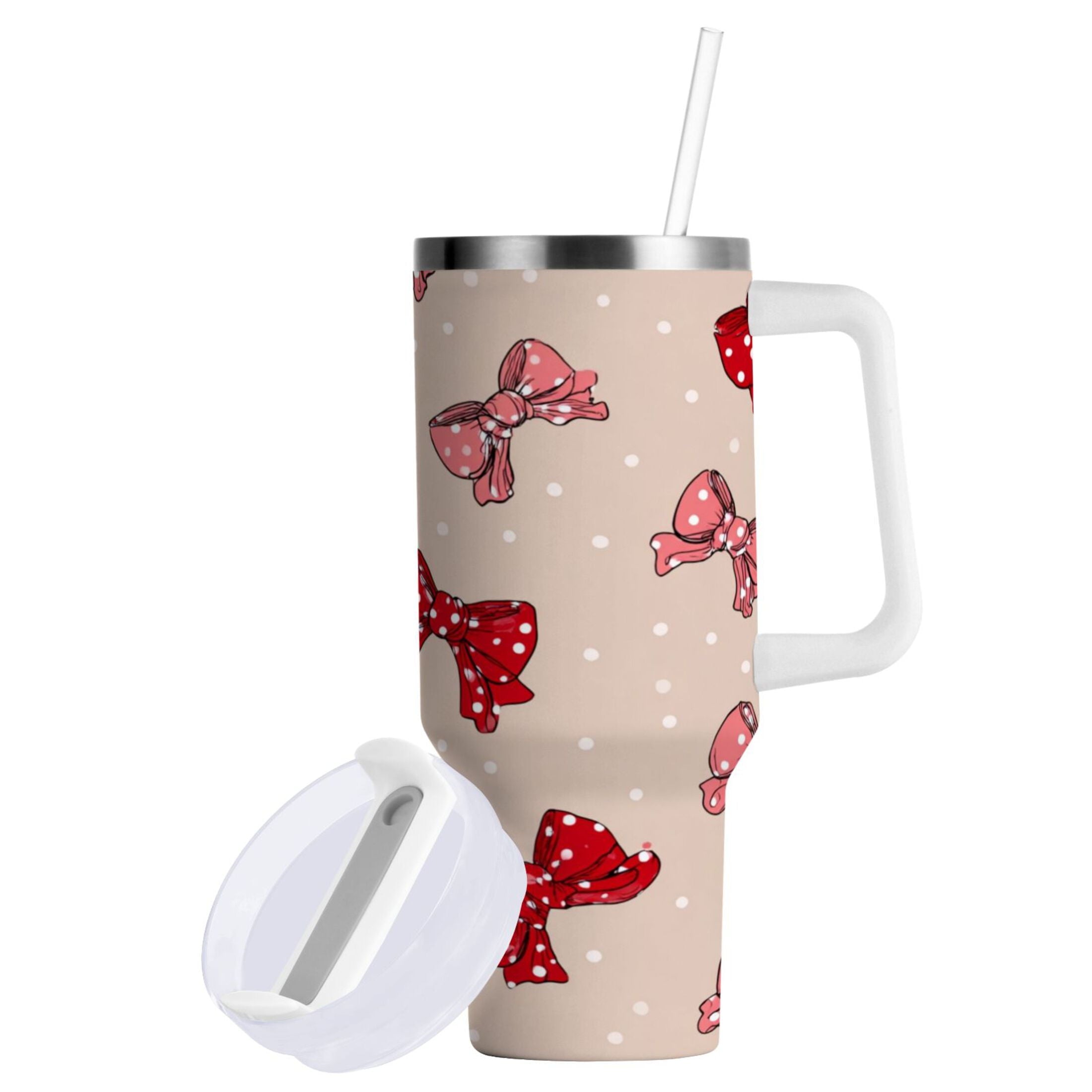 30 oz Insulated Stainless Steel Tumbler Double Wall Stainless Steel Tumbler with 2-Way Drinking Cute Red Bows Pattern - 070H