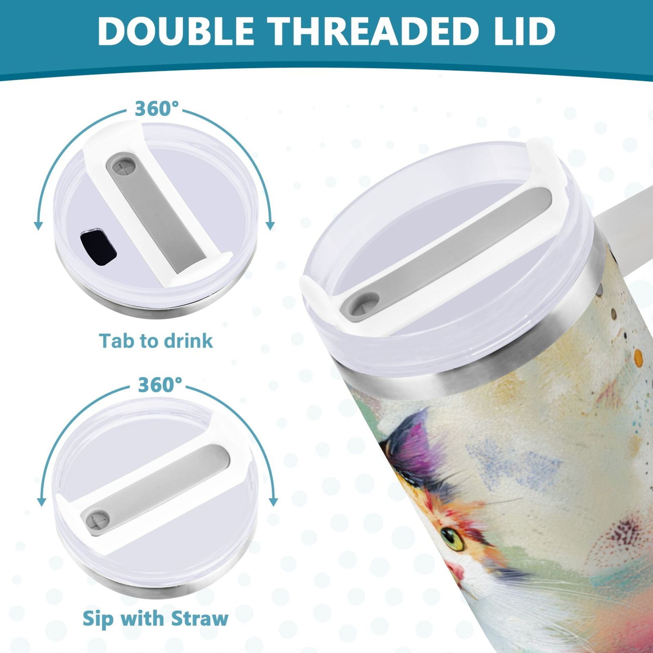 30 oz Insulated Stainless Steel Tumbler Double Wall Stainless Steel Tumbler with 2-Way Drinking Charming Hairy Cat - S3VA