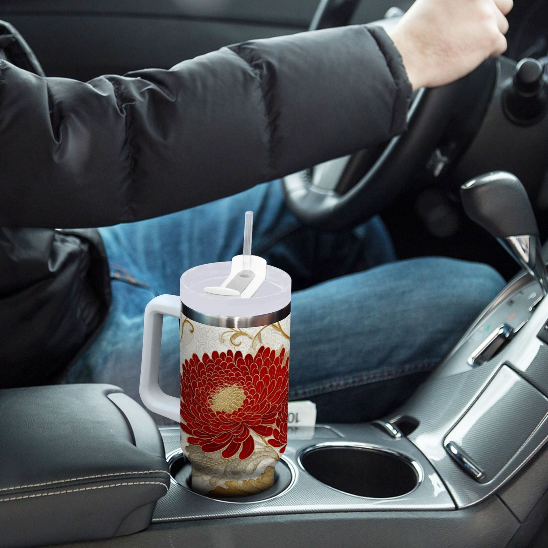 30 oz Insulated Stainless Steel Tumbler Double Wall Stainless Steel Tumbler with 2-Way Drinking Red Chrysanthemum Pattern - PTOO