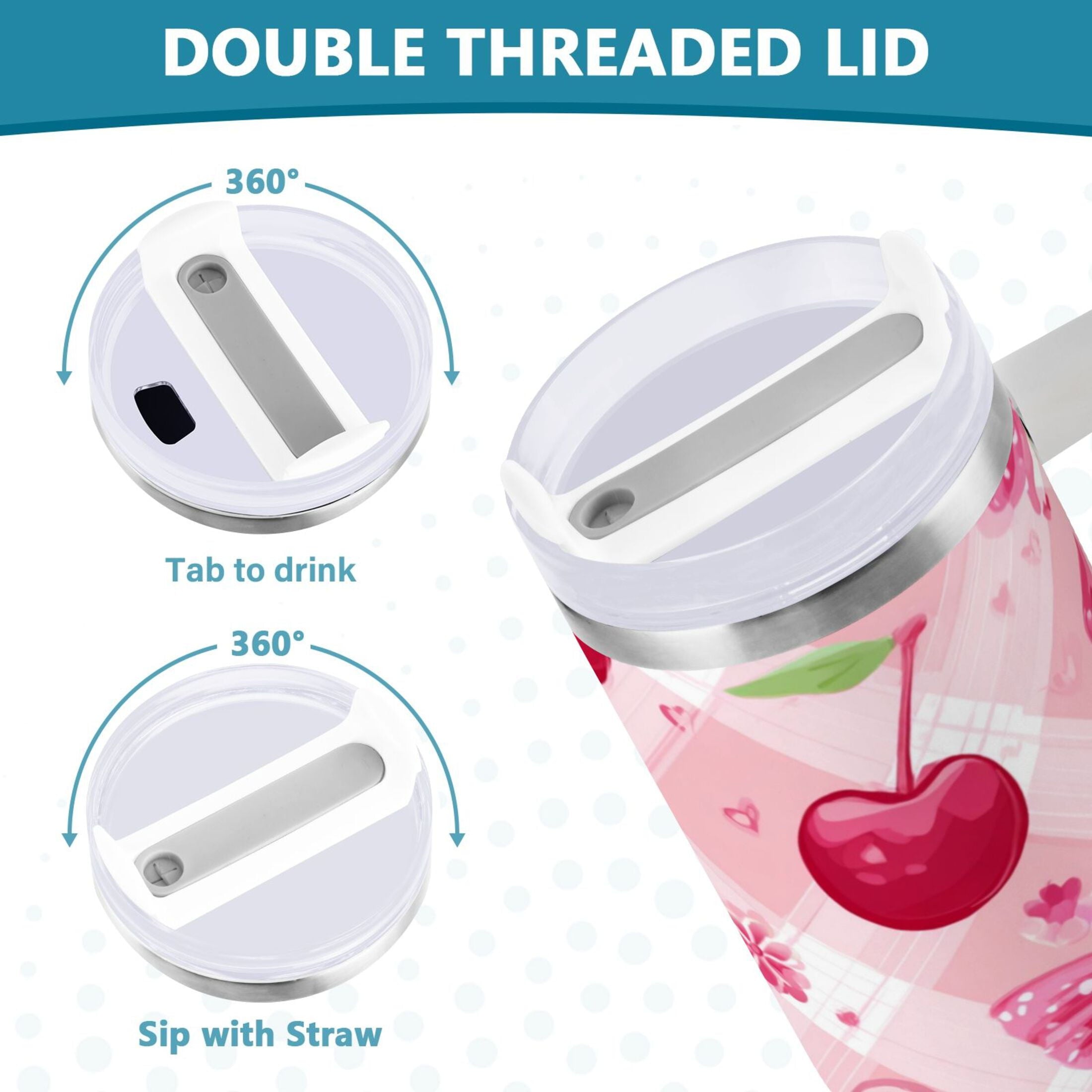 30 oz Insulated Stainless Steel Tumbler Double Wall Stainless Steel Tumbler with 2-Way Drinking Cherry and Pink Bow Pattern - ROVR