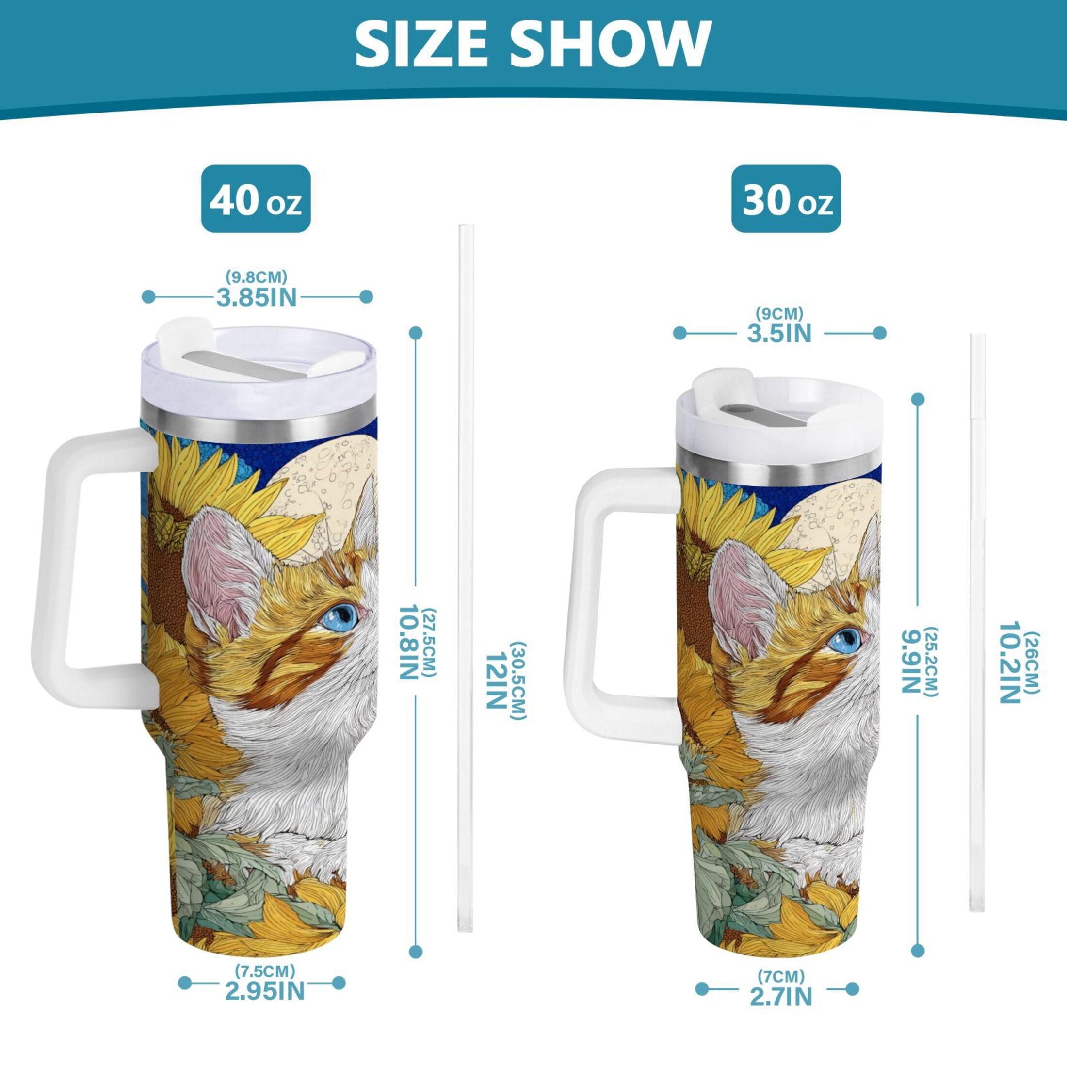 40 oz Insulated Stainless Steel Tumbler Double Wall Stainless Steel Tumbler with 2-Way Drinking Cat Lies in The Sunflowers - IUWO