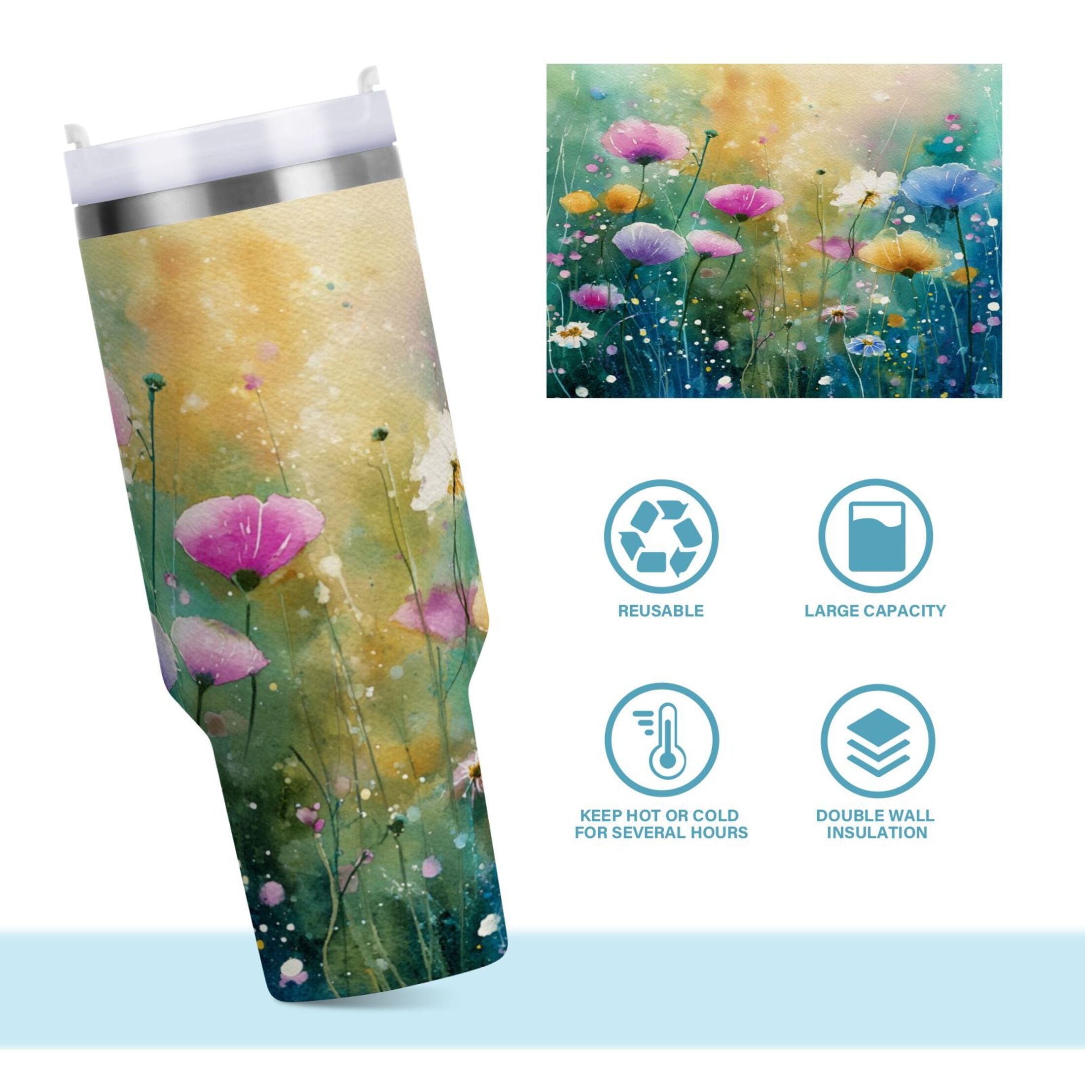 30 oz Insulated Stainless Steel Tumbler Double Wall Stainless Steel Tumbler with 2-Way Drinking Watercolor Wildflowers - IP78
