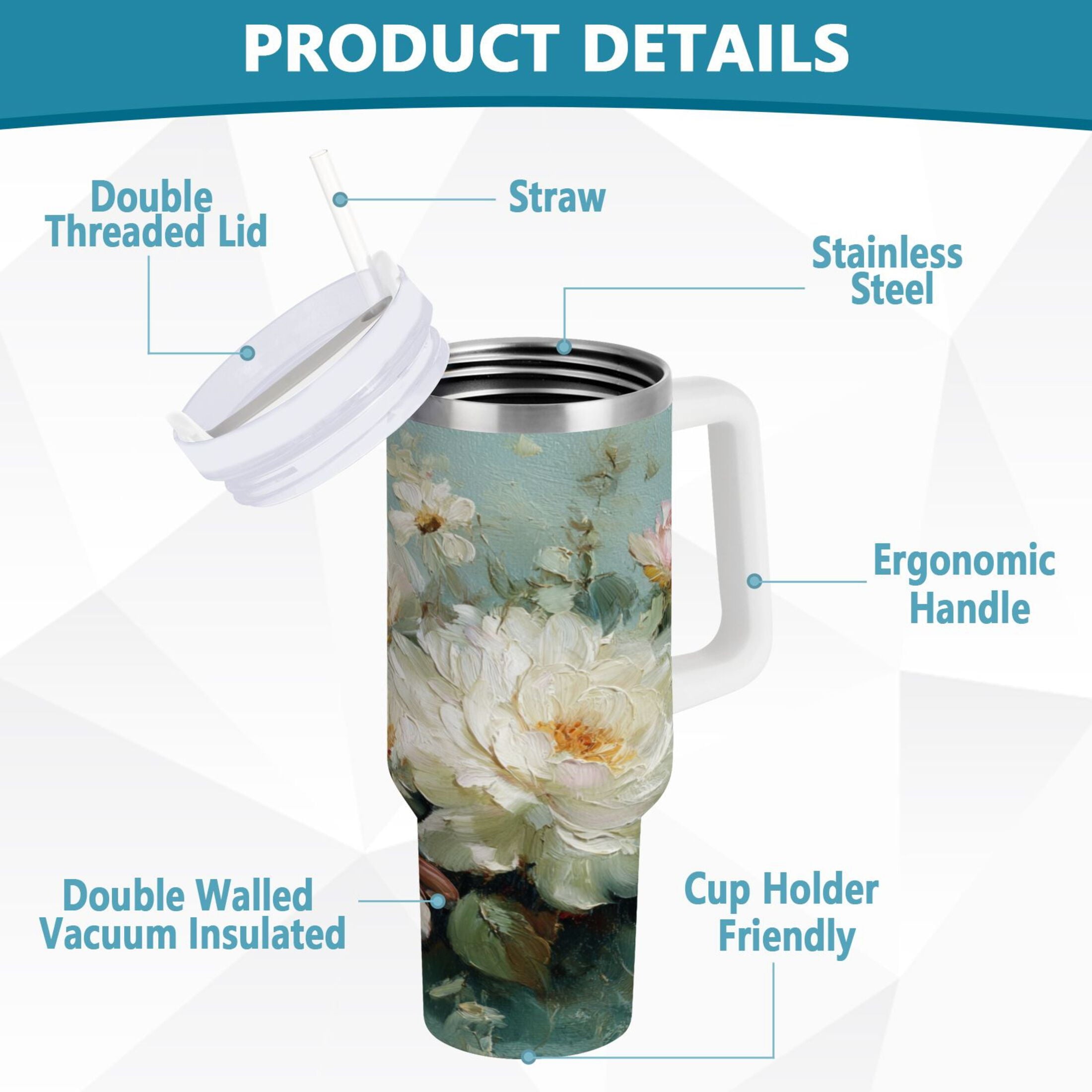 40 oz Insulated Stainless Steel Tumbler Double Wall Stainless Steel Tumbler with 2-Way Drinking Vintage Peonies and Daisies - MKXM