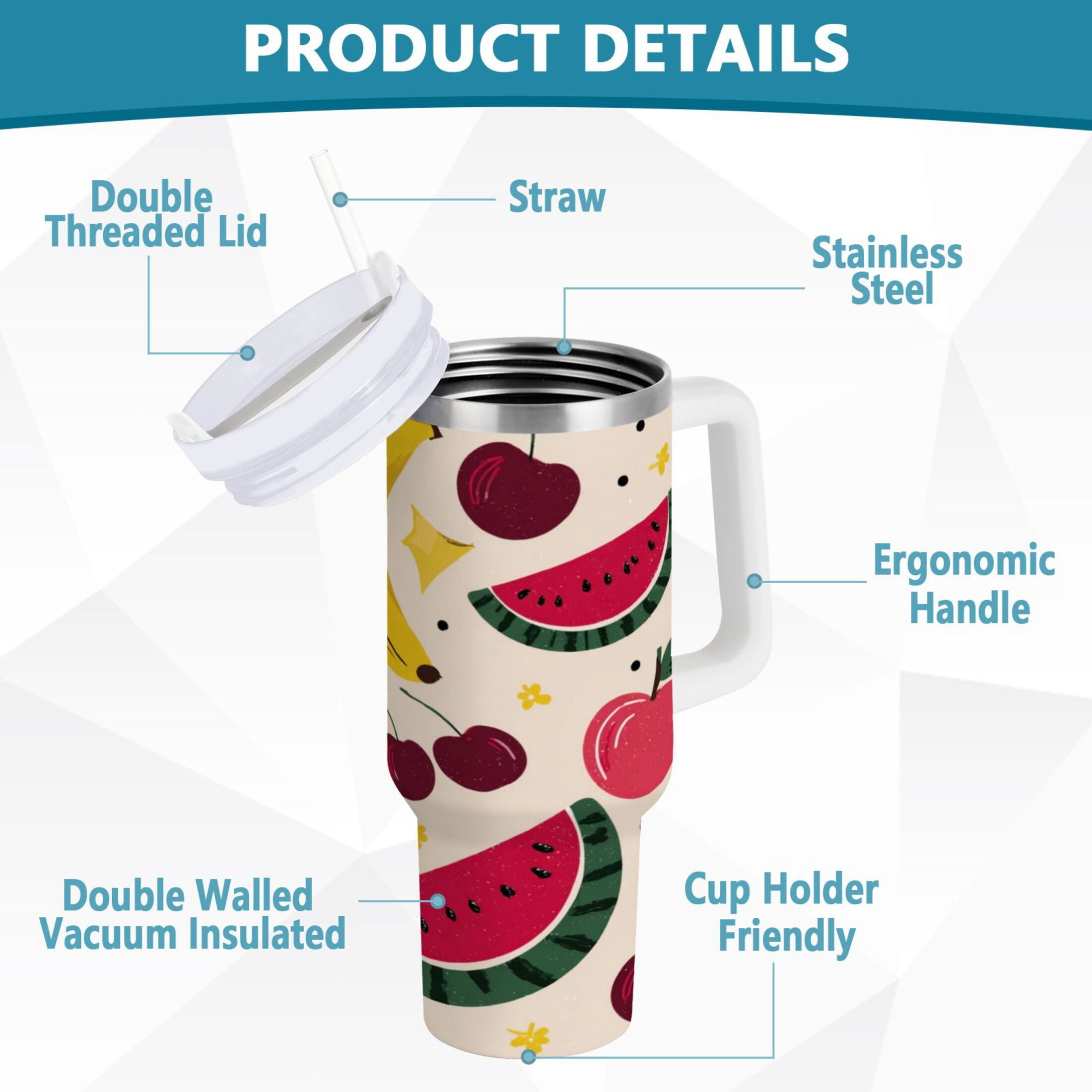 30 oz Insulated Stainless Steel Tumbler Double Wall Stainless Steel Tumbler with 2-Way Drinking Watermelon and Cherries - HD22