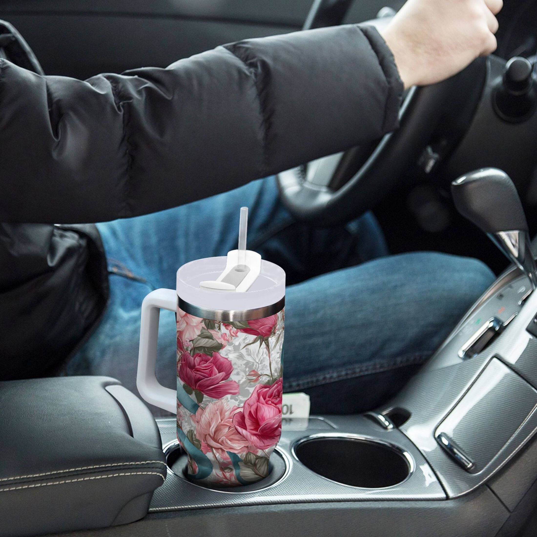 30 oz Insulated Stainless Steel Tumbler Double Wall Stainless Steel Tumbler with 2-Way Drinking Roses and Ribbons - 75RK