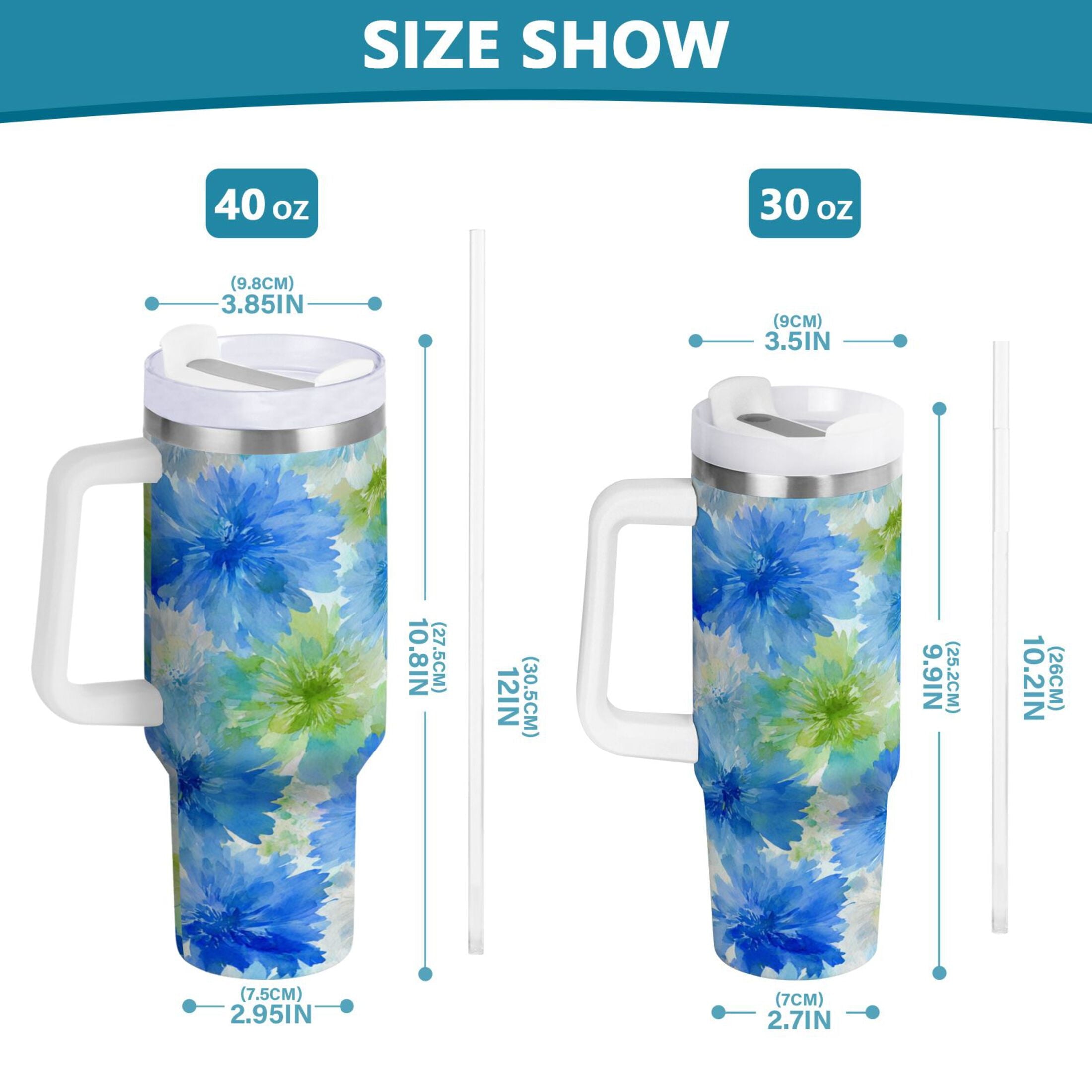 40 oz Insulated Stainless Steel Tumbler Double Wall Stainless Steel Tumbler with 2-Way Drinking Watercolor Blue Cornflowers - ED1I