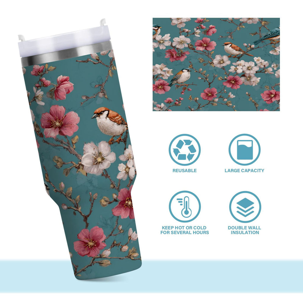 30 oz Insulated Stainless Steel Tumbler Double Wall Stainless Steel Tumbler with 2-Way Drinking Birds and Cherry Pattern - I5FV