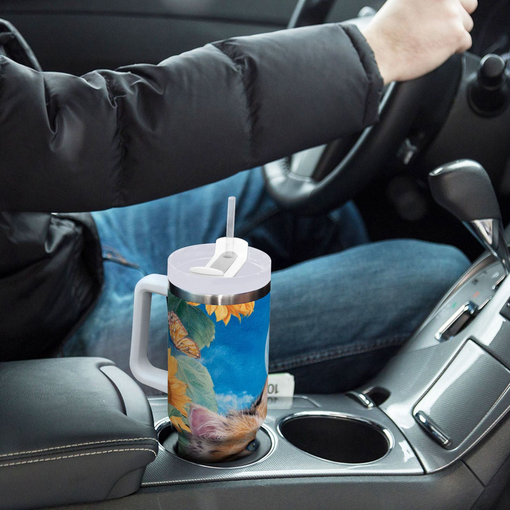 40 oz Insulated Stainless Steel Tumbler Double Wall Stainless Steel Tumbler with 2-Way Drinking Playful Cat Lying Sunflowers - DSLP