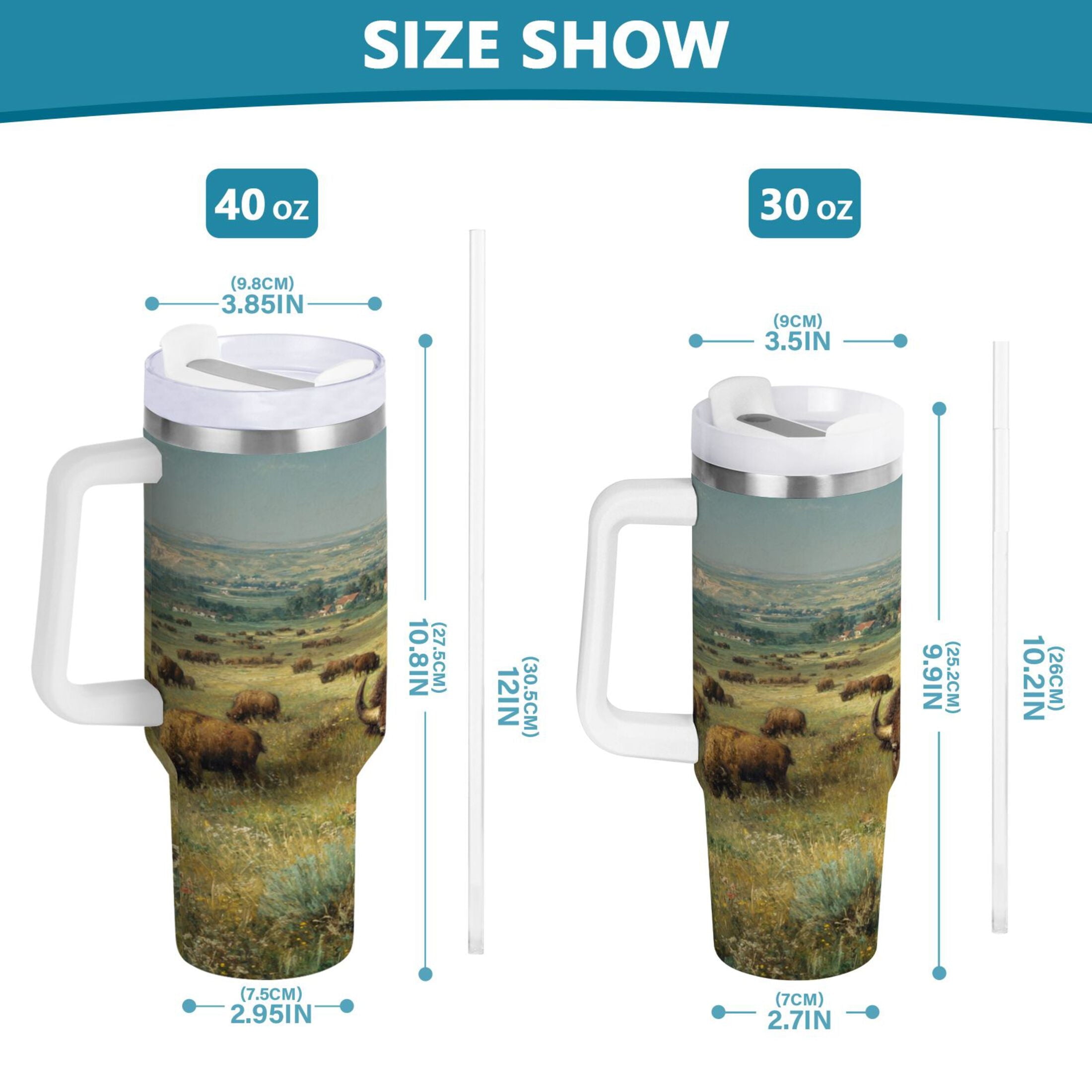 30 oz Insulated Stainless Steel Tumbler Double Wall Stainless Steel Tumbler with 2-Way Drinking Buffalo Herd Oil Painting - 5334