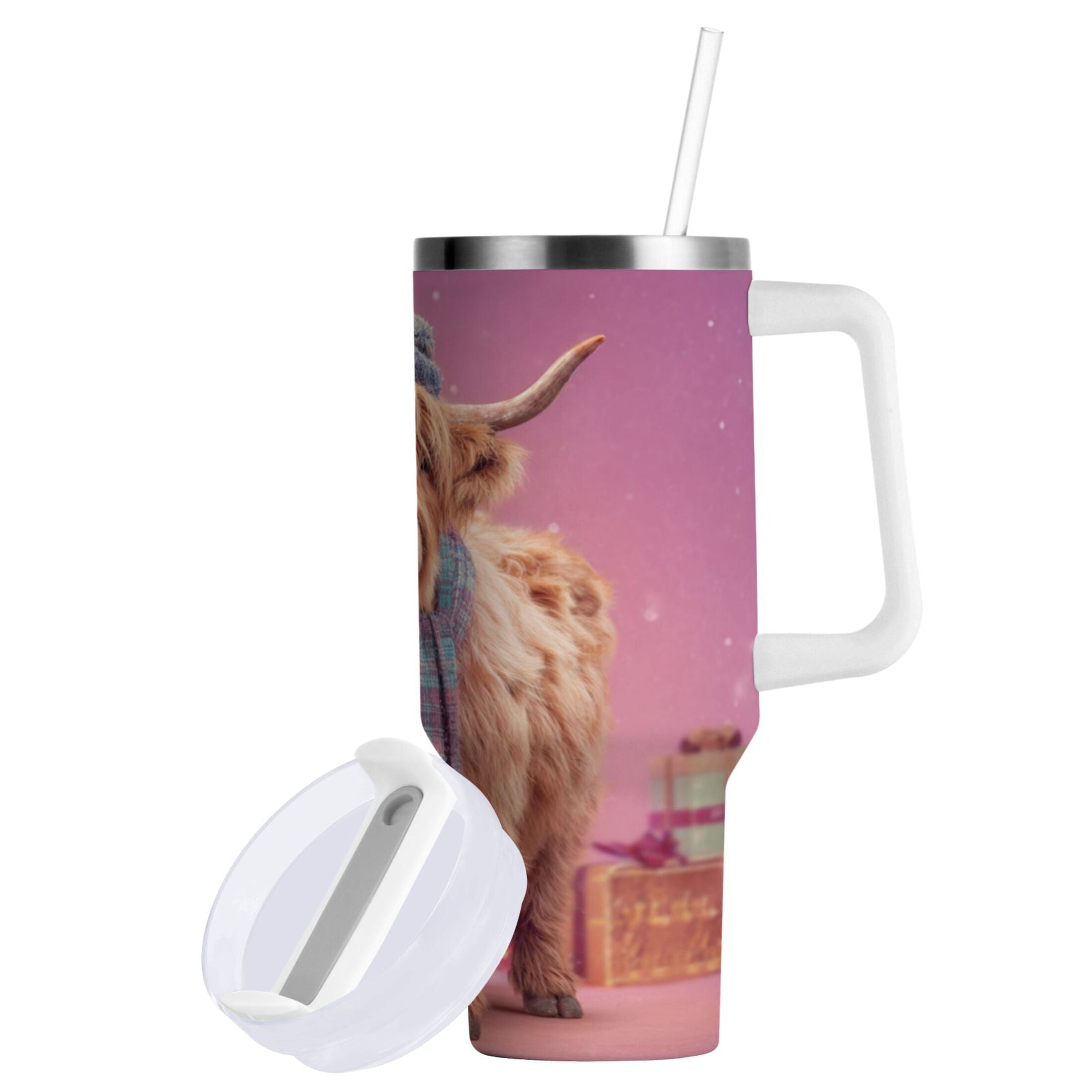 30 oz Insulated Stainless Steel Tumbler Double Wall Stainless Steel Tumbler with 2-Way Drinking Cow Wearing Christmas - UM75