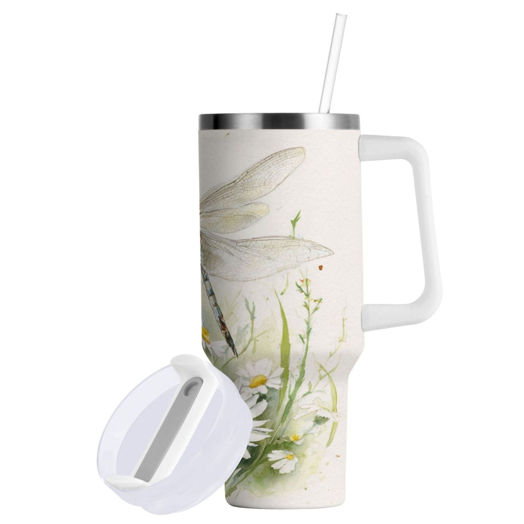 30 oz Insulated Stainless Steel Tumbler Double Wall Stainless Steel Tumbler with 2-Way Drinking Dragonflies with White Daisies - BM0T