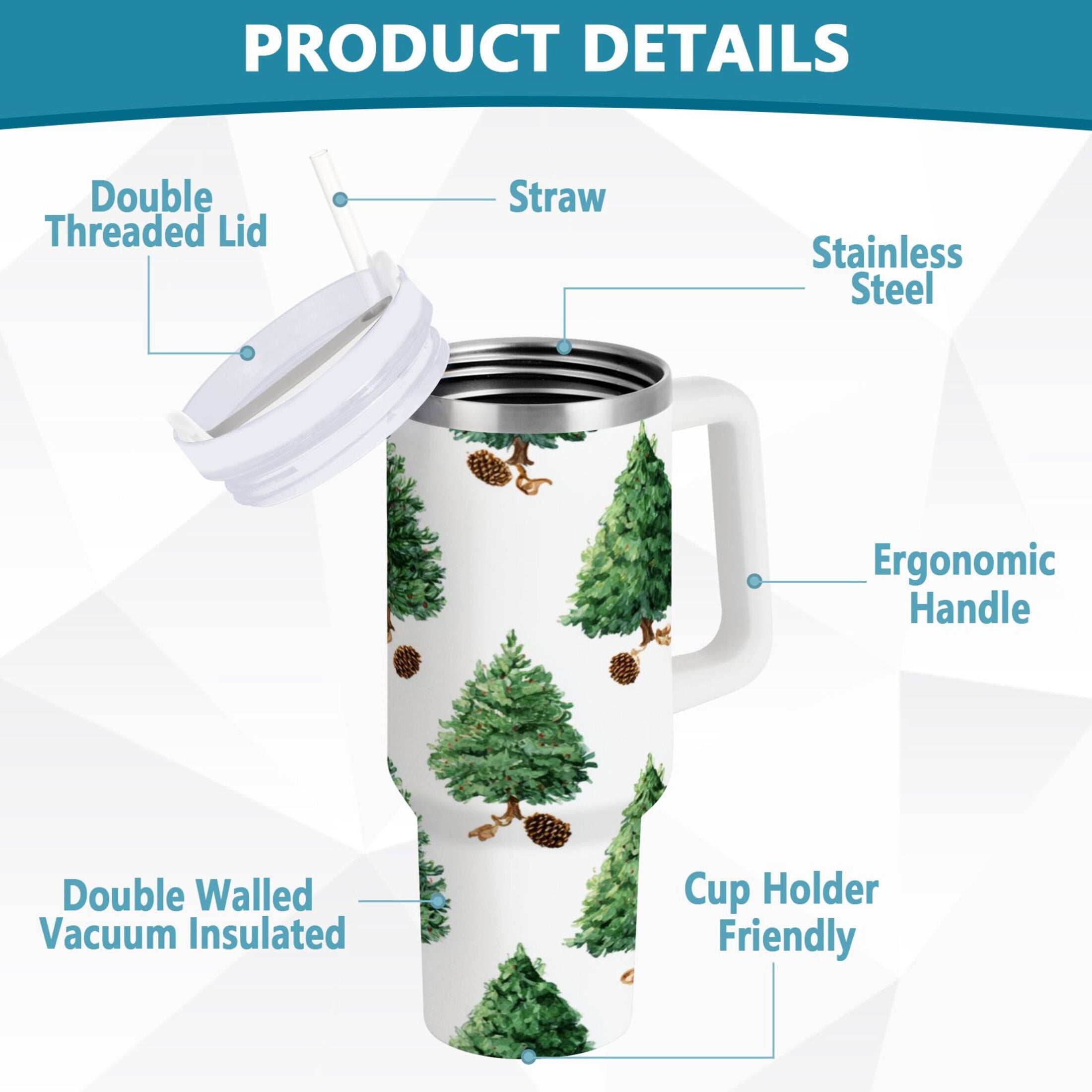 30 oz Insulated Stainless Steel Tumbler Double Wall Stainless Steel Tumbler with 2-Way Drinking Watercolor Green Christmas Tree - HY7R